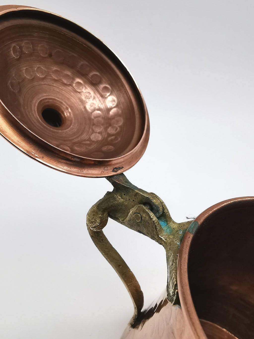 Vintage Hand Hammered Copper Creamer Pitcher/ Small Lidded Jug with Brass Handle