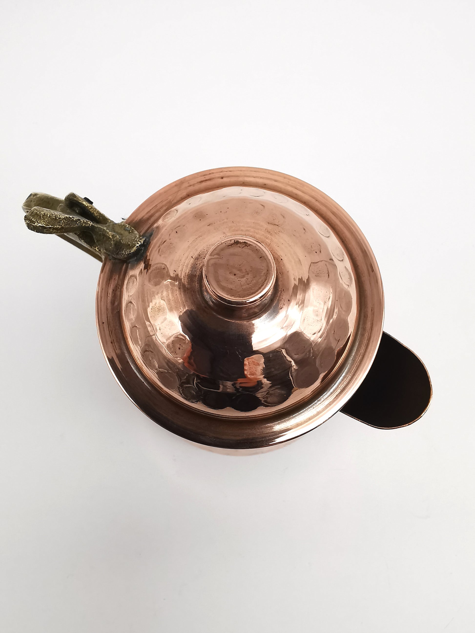 Vintage Hand Hammered Copper Creamer Pitcher/ Small Lidded Jug with Brass Handle