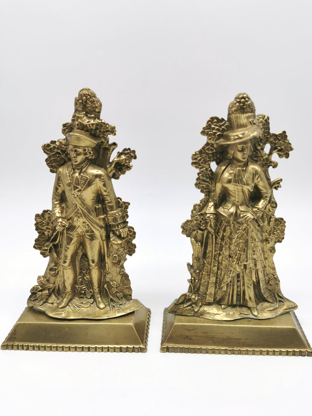 Antique 1849 Cornelius & Co. Brass Colonial Figurine Pair -Signed Girandoles-Last of the Mohicans Mantle Decor/Bookends