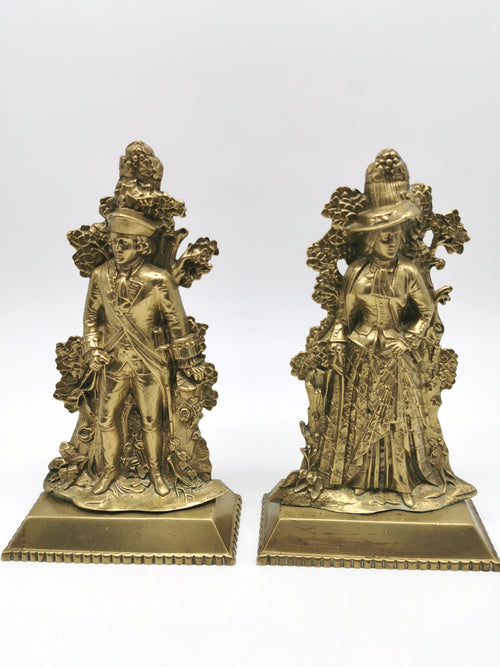 Antique 1849 Cornelius & Co. Brass Colonial Figurine Pair -Signed Girandoles-Last of the Mohicans Mantle Decor/Bookends