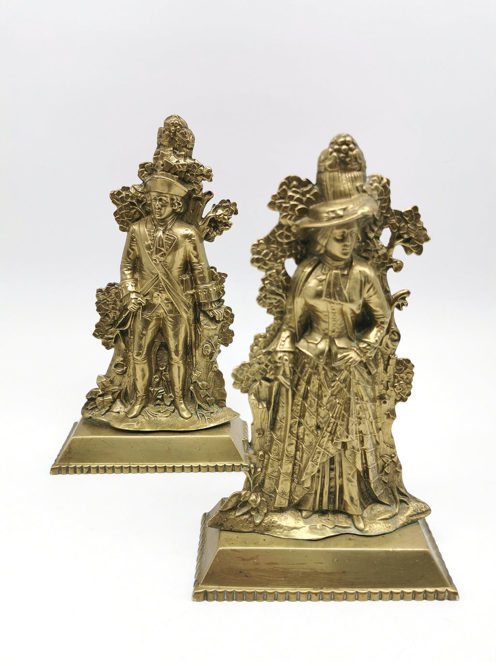 Antique 1849 Cornelius & Co. Brass Colonial Figurine Pair -Signed Girandoles-Last of the Mohicans Mantle Decor/Bookends