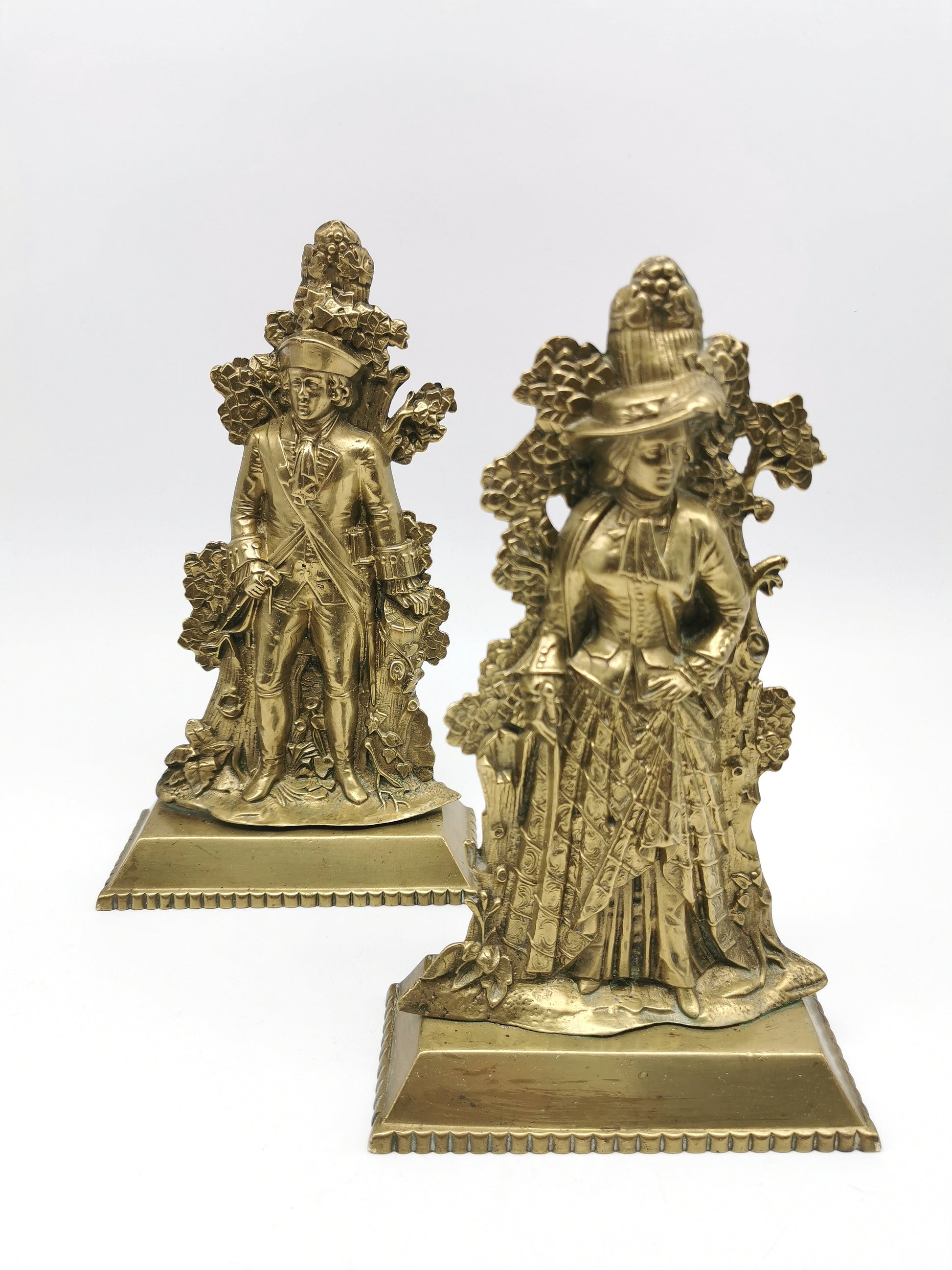 Antique 1849 Cornelius & Co. Brass Colonial Figurine Pair -Signed Girandoles-Last of the Mohicans Mantle Decor/Bookends
