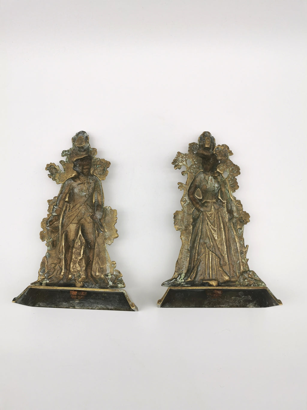 Antique 1849 Cornelius & Co. Brass Colonial Figurine Pair -Signed Girandoles-Last of the Mohicans Mantle Decor/Bookends