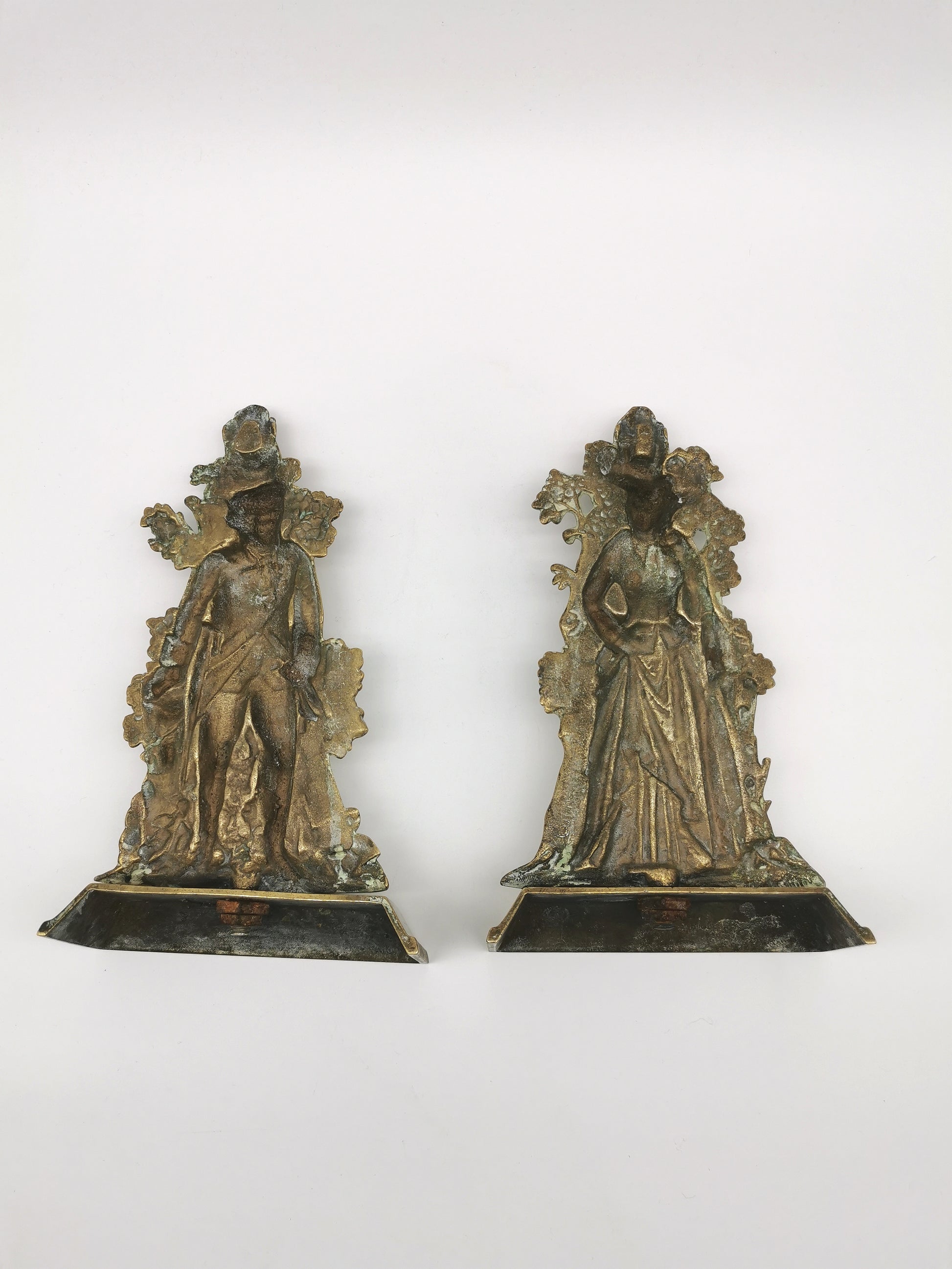 Antique 1849 Cornelius & Co. Brass Colonial Figurine Pair -Signed Girandoles-Last of the Mohicans Mantle Decor/Bookends