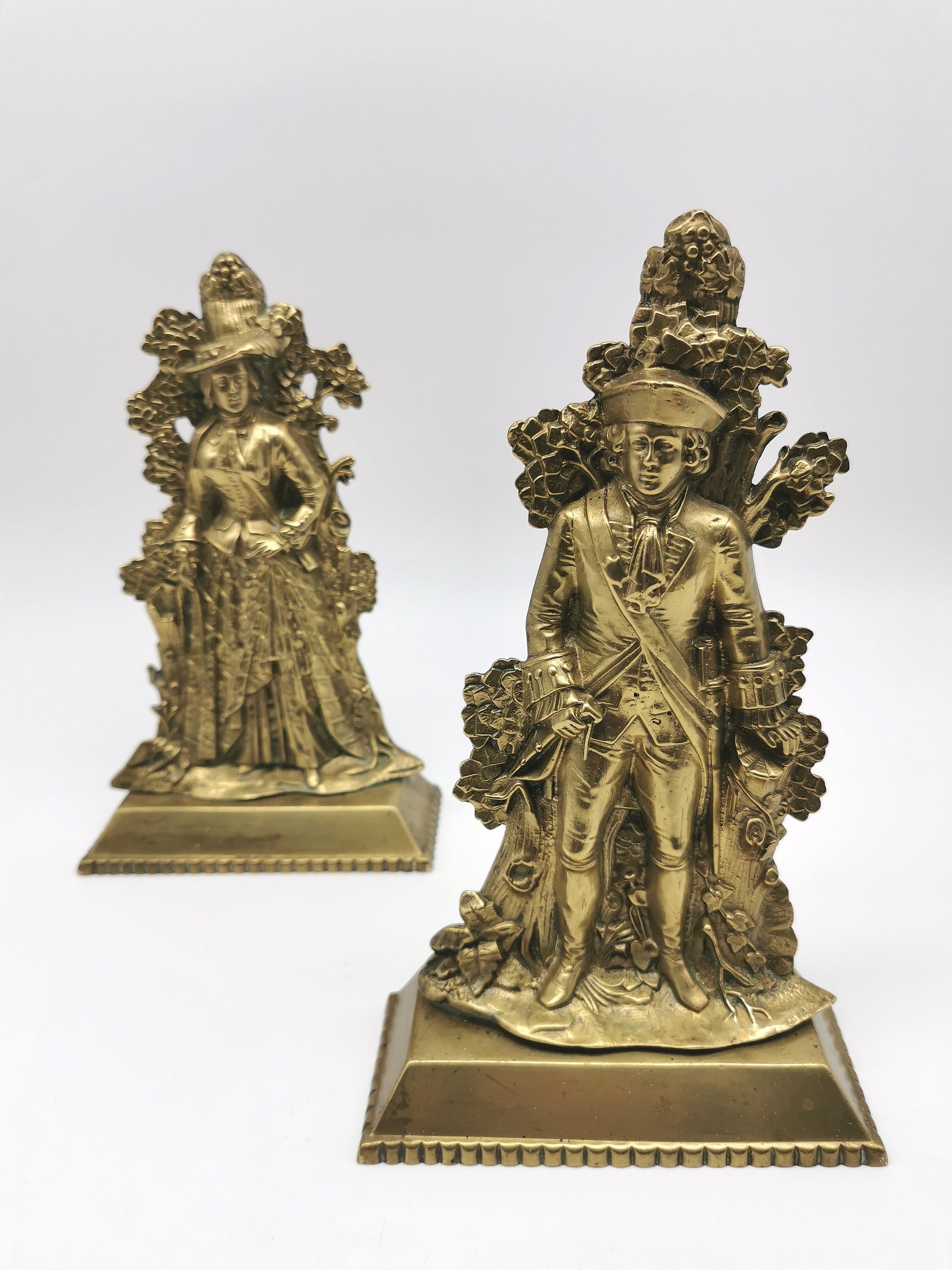 Antique 1849 Cornelius & Co. Brass Colonial Figurine Pair -Signed Girandoles-Last of the Mohicans Mantle Decor/Bookends