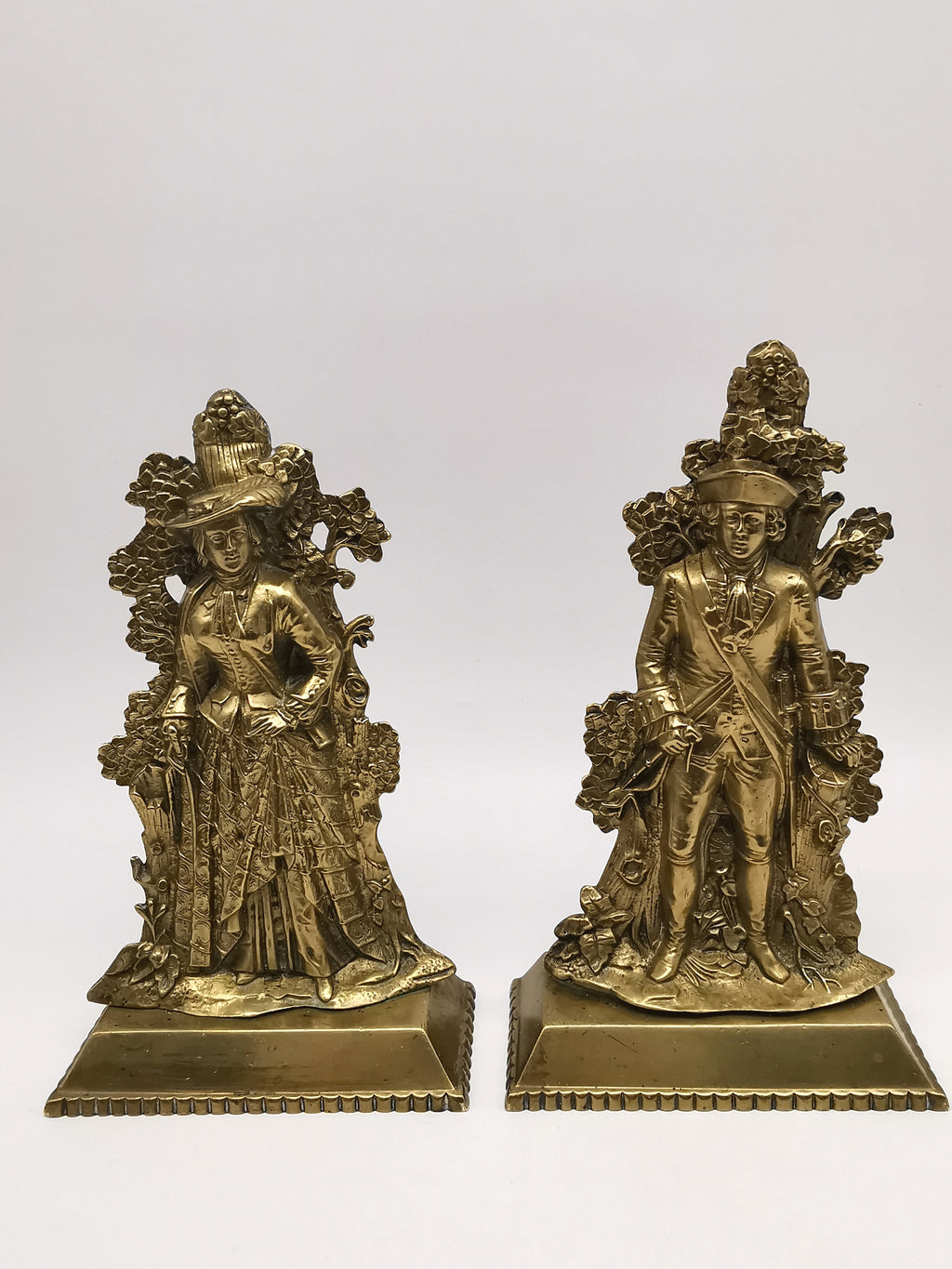 Antique 1849 Cornelius & Co. Brass Colonial Figurine Pair -Signed Girandoles-Last of the Mohicans Mantle Decor/Bookends