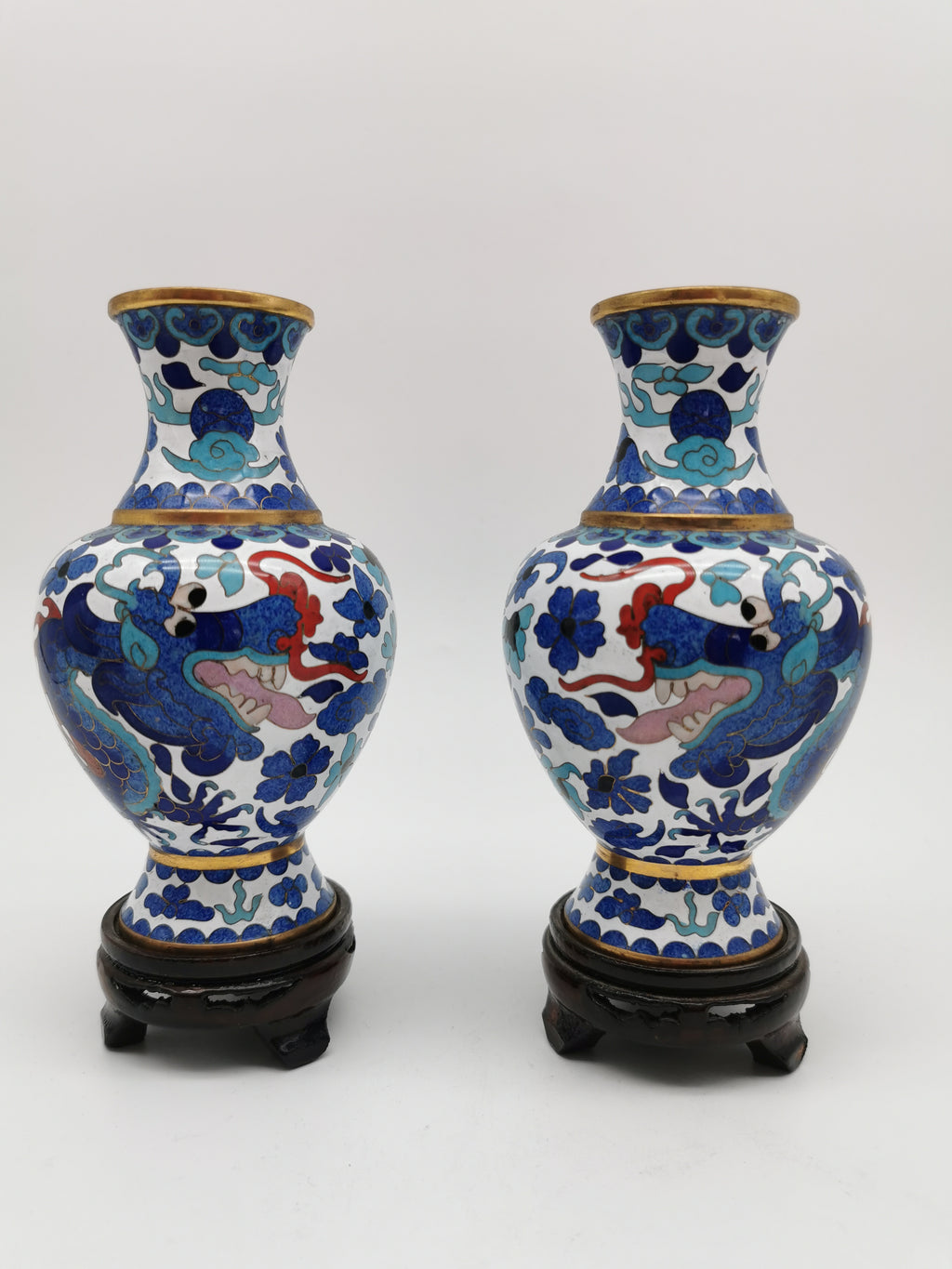 Pair of Vintage Chinese Cloisonné Imperial 5-Clawed Dragon Vases / 6.1" White Ground Cabinet Baluster Vases with Wooden Stands