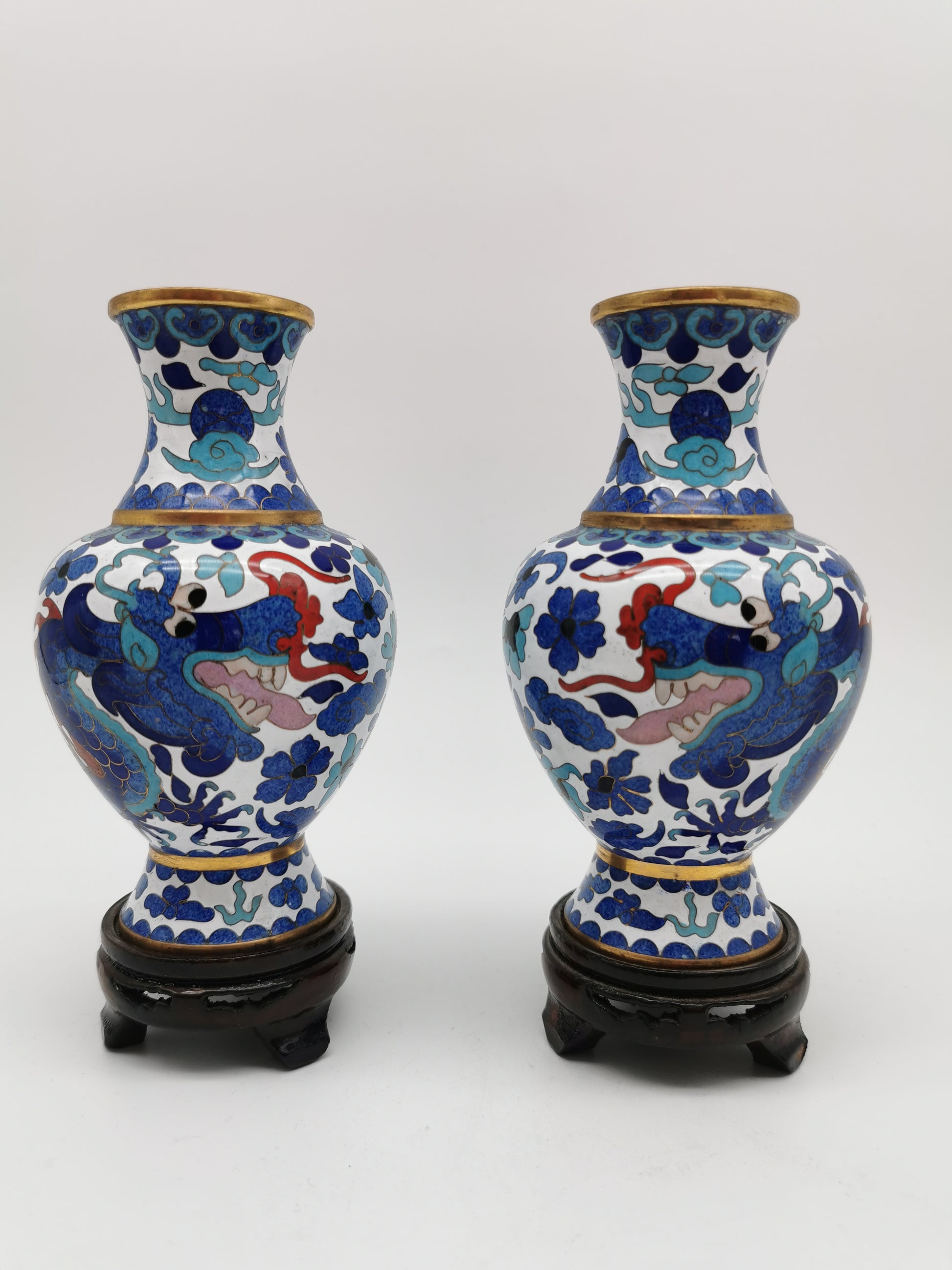 Pair of Vintage Chinese Cloisonné Imperial 5-Clawed Dragon Vases / 6.1" White Ground Cabinet Baluster Vases with Wooden Stands