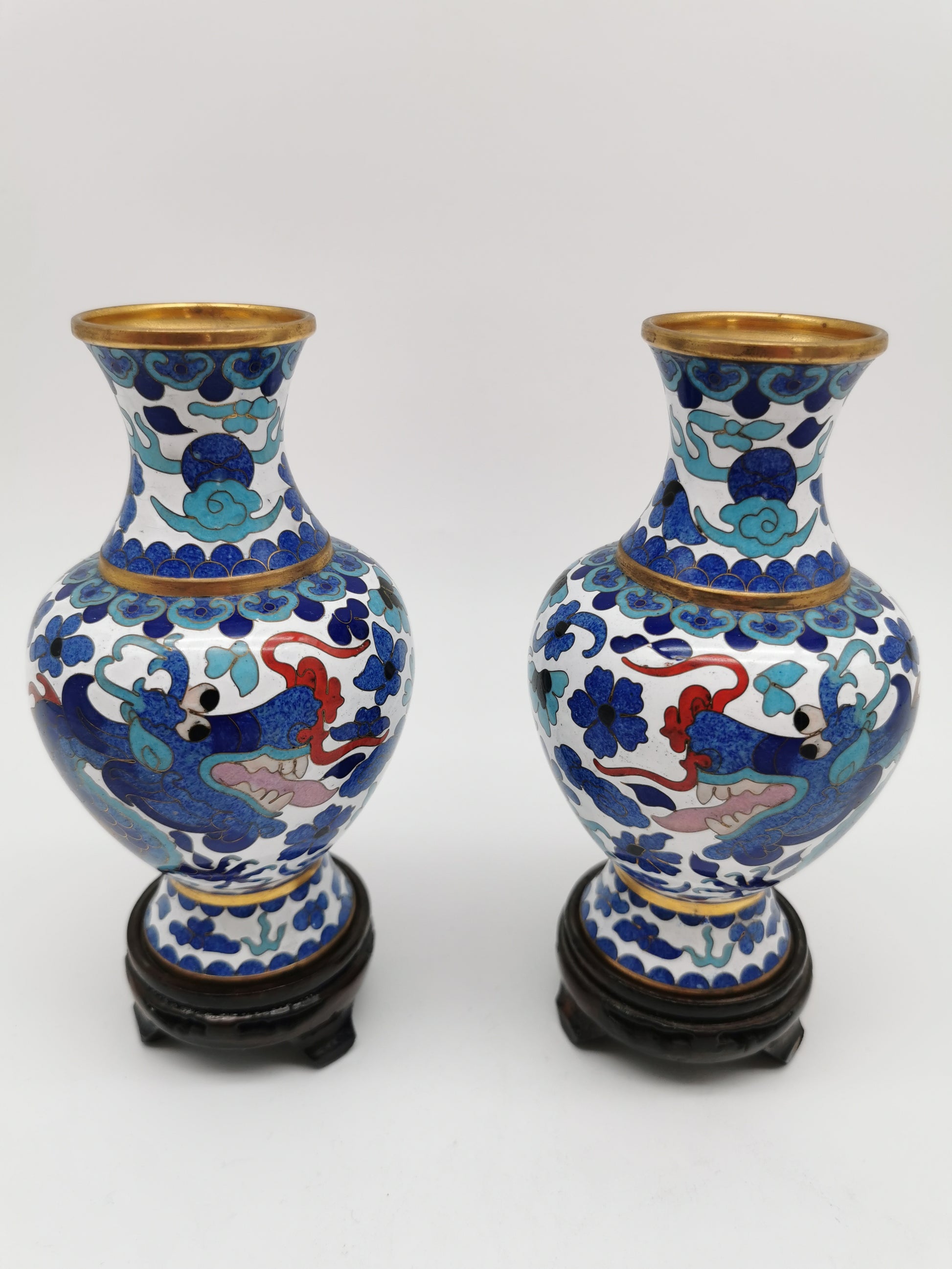 Pair of Vintage Chinese Cloisonné Imperial 5-Clawed Dragon Vases / 6.1" White Ground Cabinet Baluster Vases with Wooden Stands
