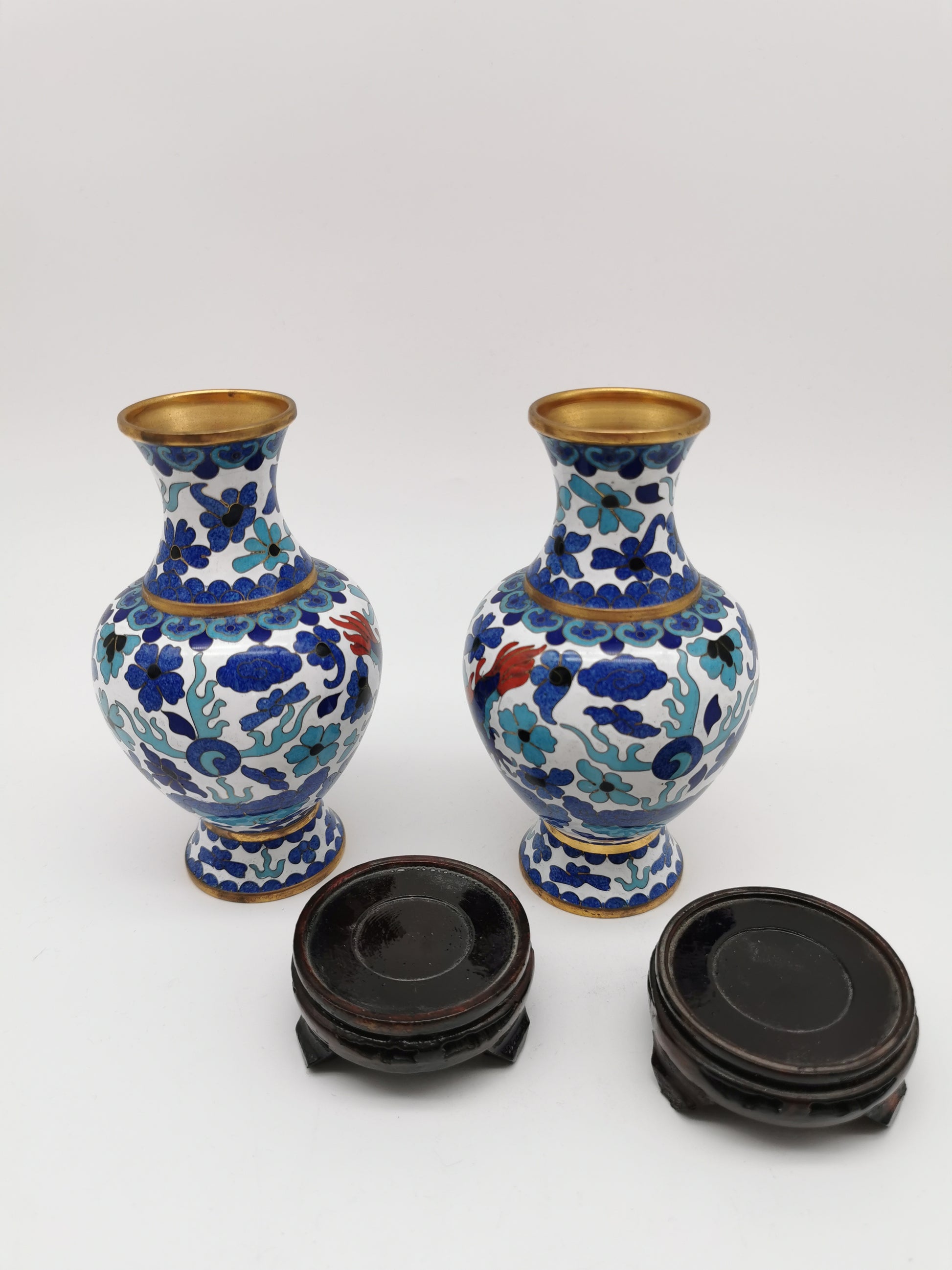 Pair of Vintage Chinese Cloisonné Imperial 5-Clawed Dragon Vases / 6.1" White Ground Cabinet Baluster Vases with Wooden Stands