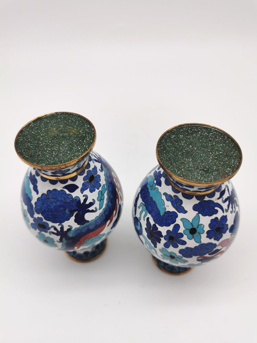 Pair of Vintage Chinese Cloisonné Imperial 5-Clawed Dragon Vases / 6.1" White Ground Cabinet Baluster Vases with Wooden Stands