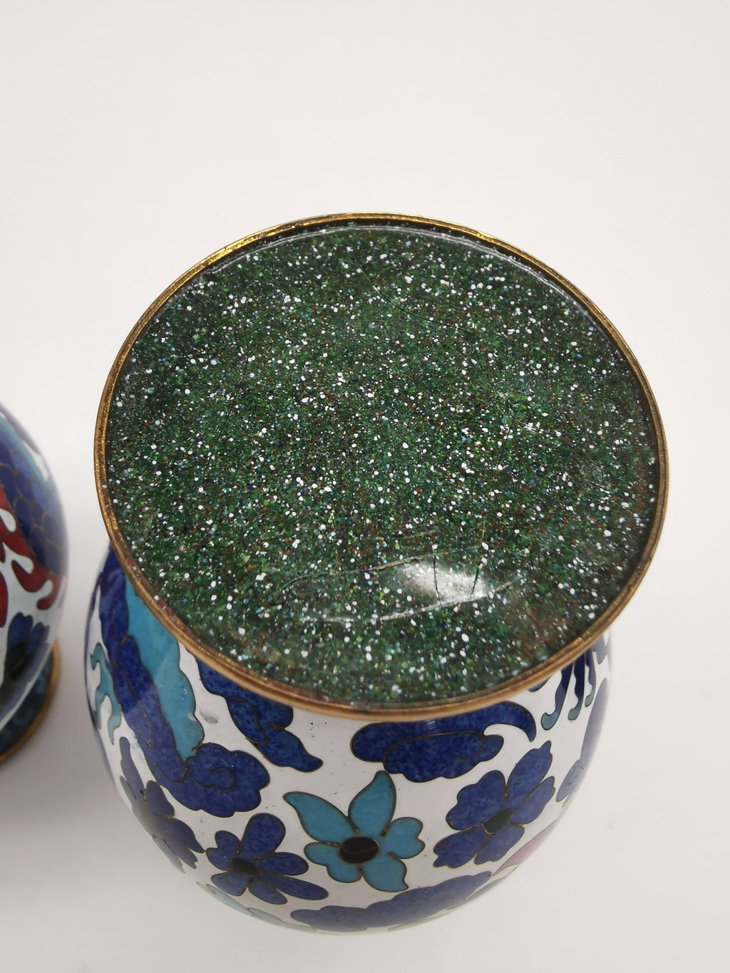 Pair of Vintage Chinese Cloisonné Imperial 5-Clawed Dragon Vases / 6.1" White Ground Cabinet Baluster Vases with Wooden Stands