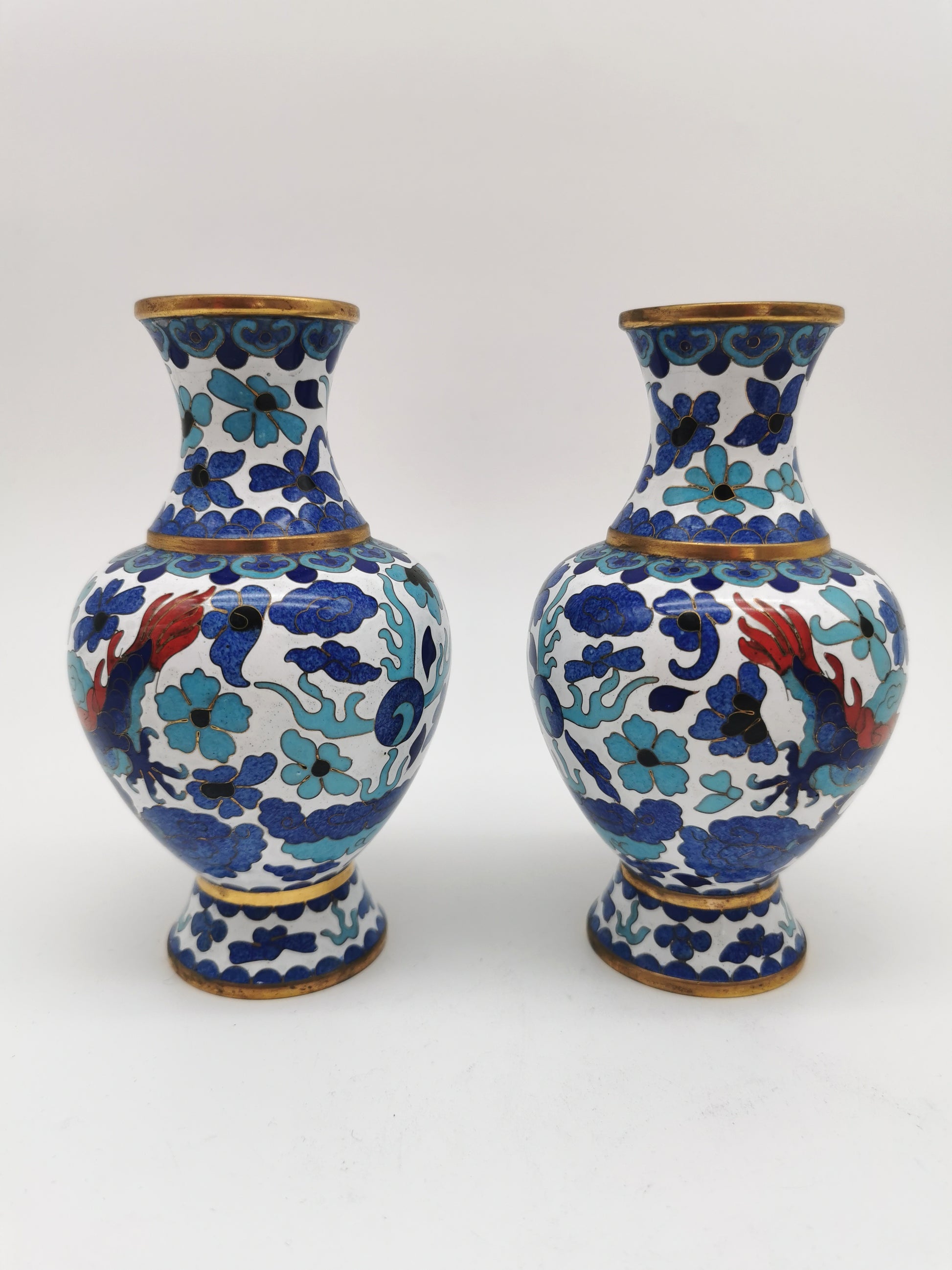 Pair of Vintage Chinese Cloisonné Imperial 5-Clawed Dragon Vases / 6.1" White Ground Cabinet Baluster Vases with Wooden Stands
