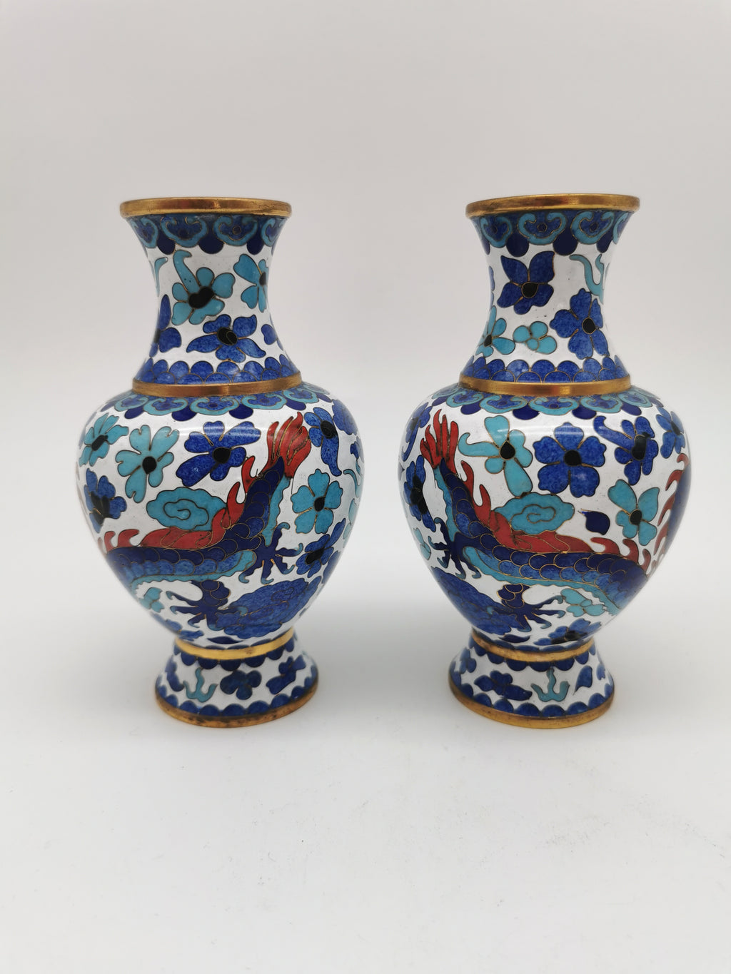Pair of Vintage Chinese Cloisonné Imperial 5-Clawed Dragon Vases / 6.1" White Ground Cabinet Baluster Vases with Wooden Stands