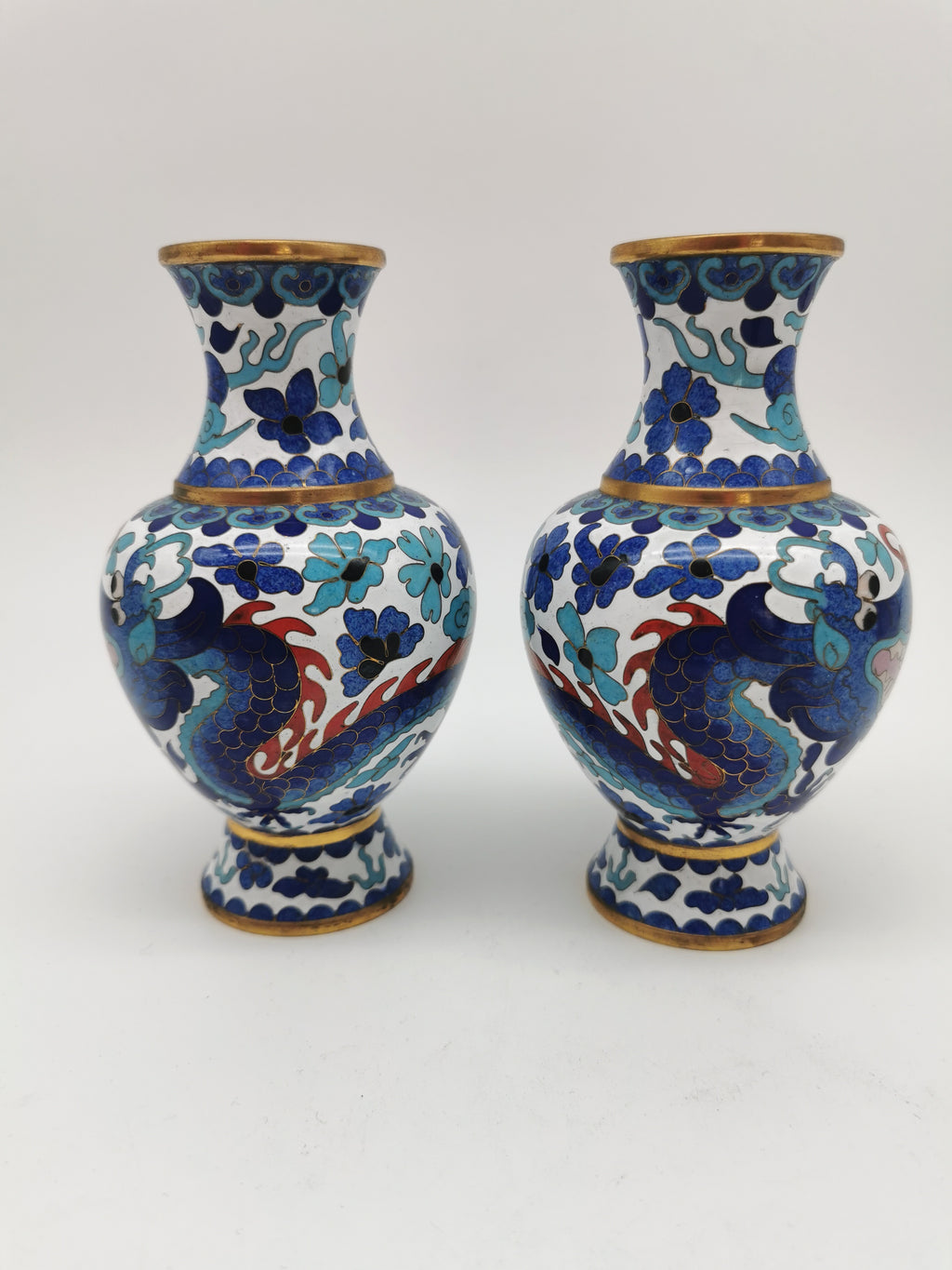 Pair of Vintage Chinese Cloisonné Imperial 5-Clawed Dragon Vases / 6.1" White Ground Cabinet Baluster Vases with Wooden Stands