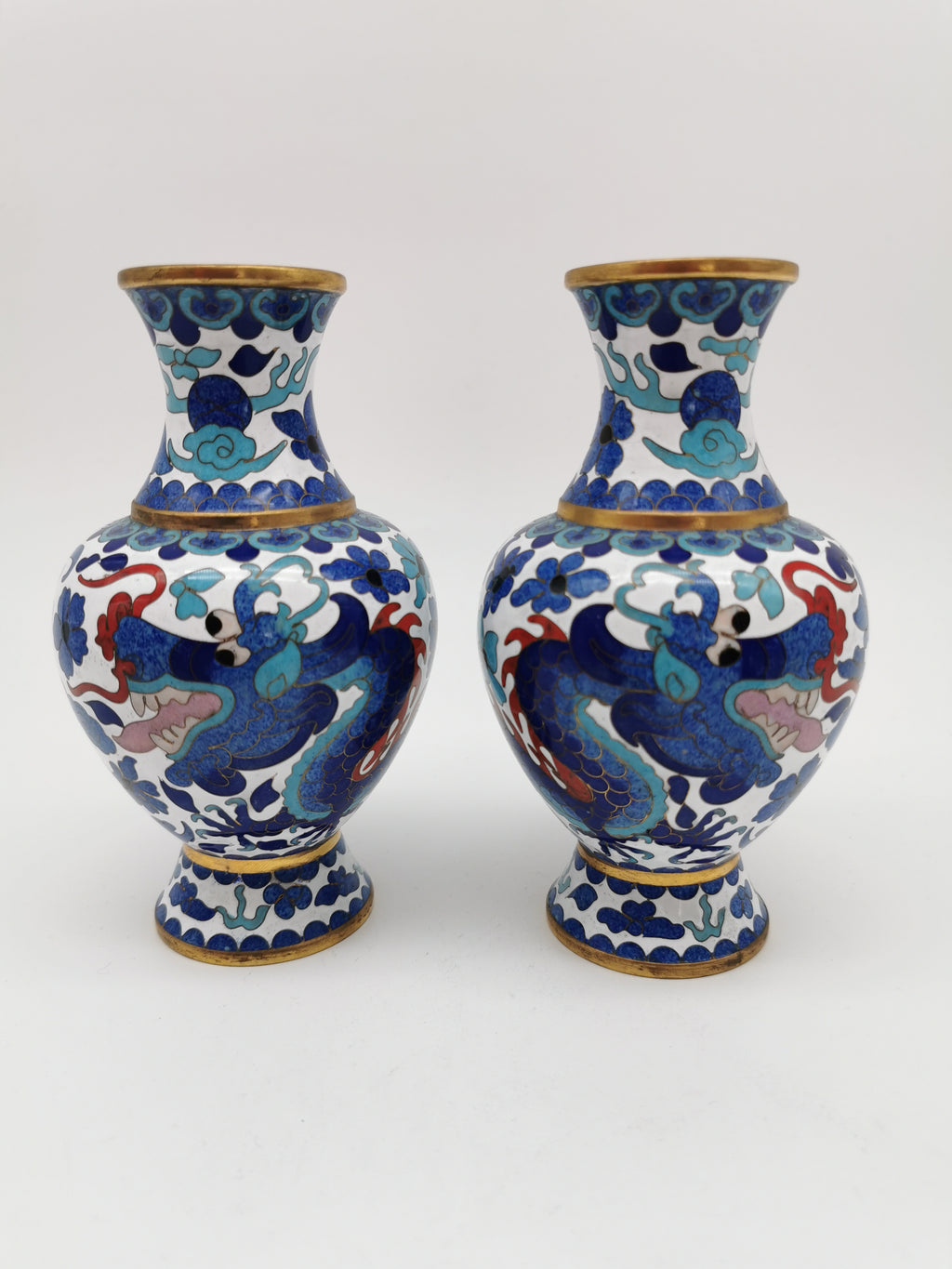 Pair of Vintage Chinese Cloisonné Imperial 5-Clawed Dragon Vases / 6.1" White Ground Cabinet Baluster Vases with Wooden Stands