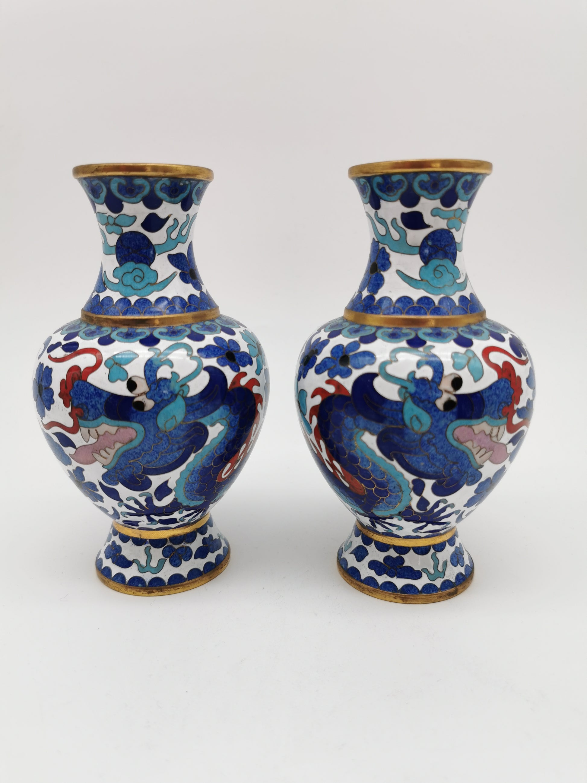 Pair of Vintage Chinese Cloisonné Imperial 5-Clawed Dragon Vases / 6.1" White Ground Cabinet Baluster Vases with Wooden Stands