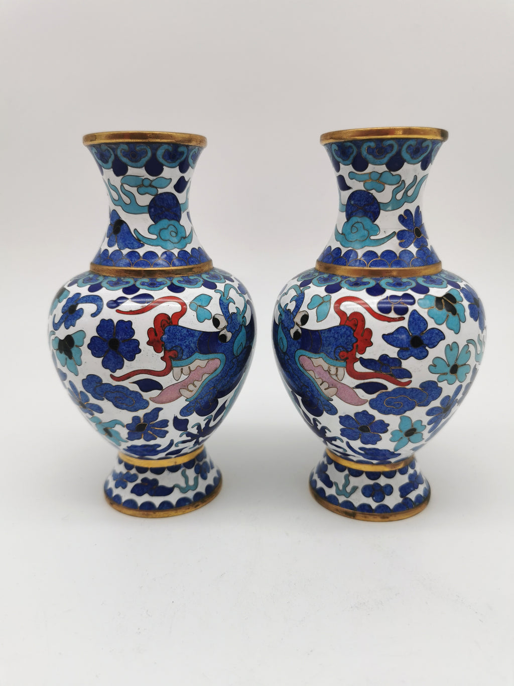 Pair of Vintage Chinese Cloisonné Imperial 5-Clawed Dragon Vases / 6.1" White Ground Cabinet Baluster Vases with Wooden Stands