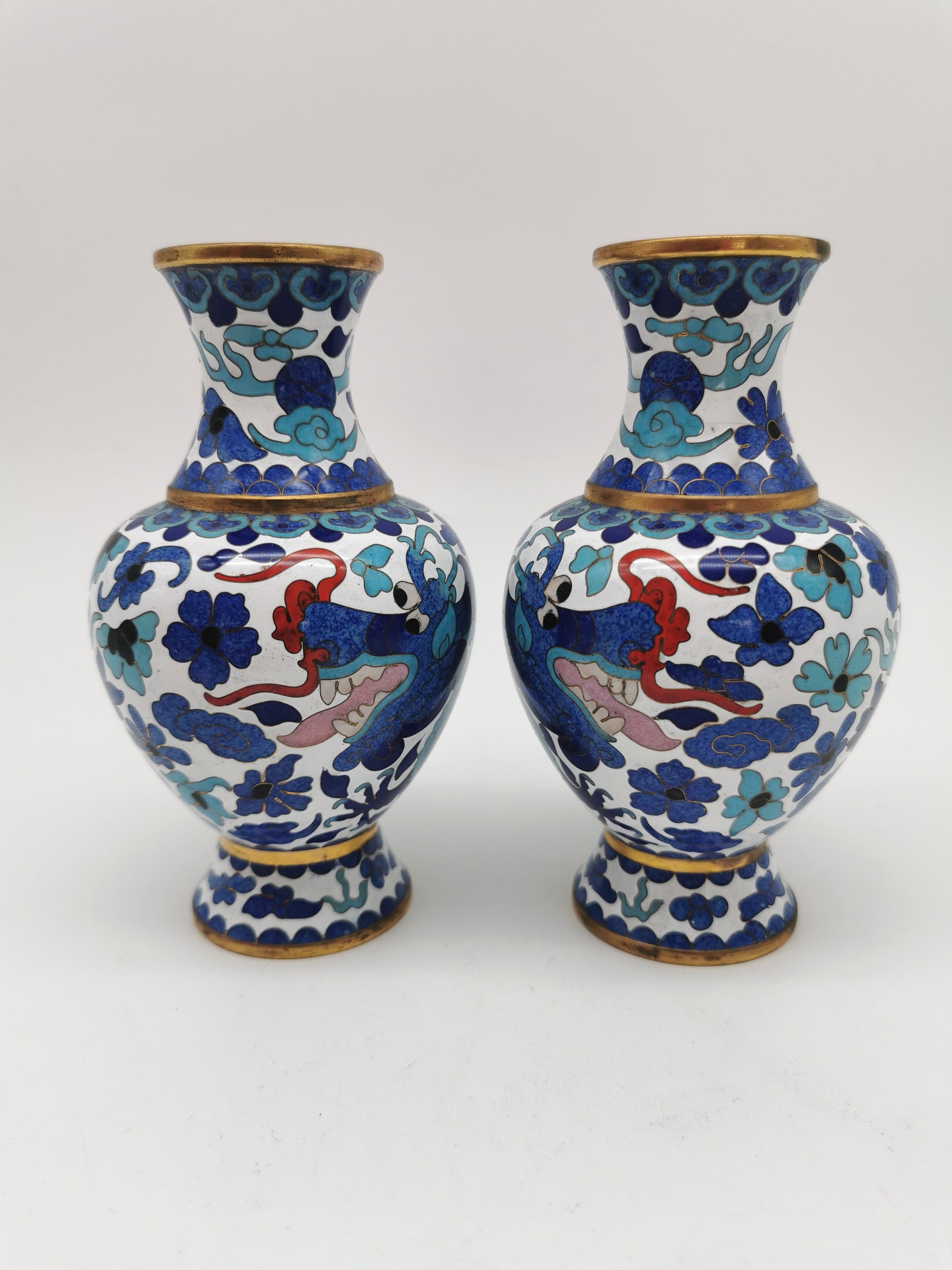 Pair of Vintage Chinese Cloisonné Imperial 5-Clawed Dragon Vases / 6.1" White Ground Cabinet Baluster Vases with Wooden Stands