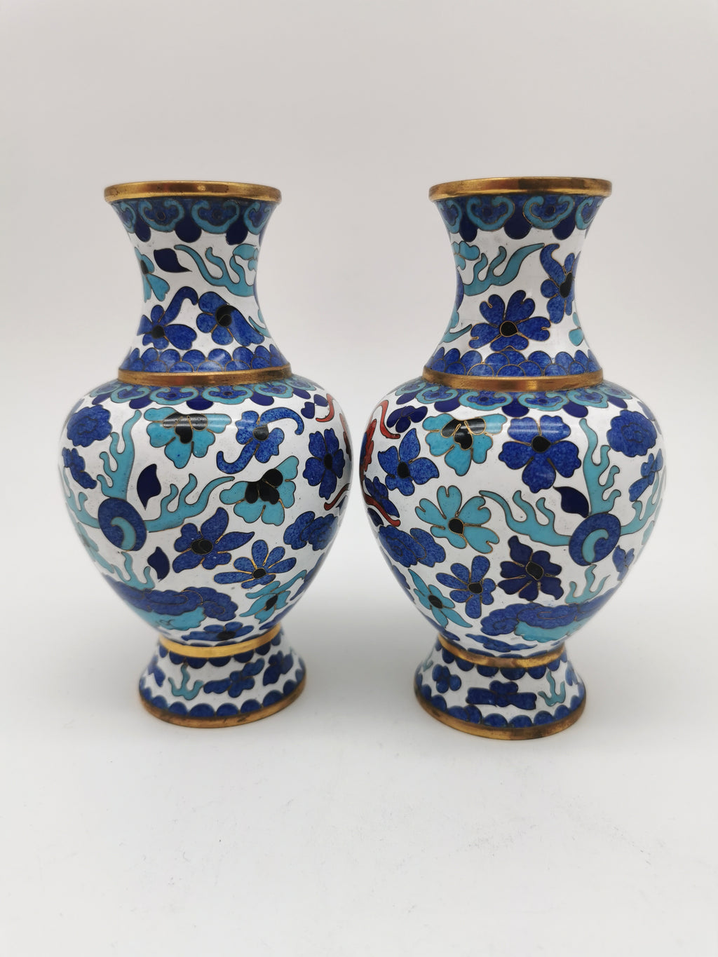 Pair of Vintage Chinese Cloisonné Imperial 5-Clawed Dragon Vases / 6.1" White Ground Cabinet Baluster Vases with Wooden Stands