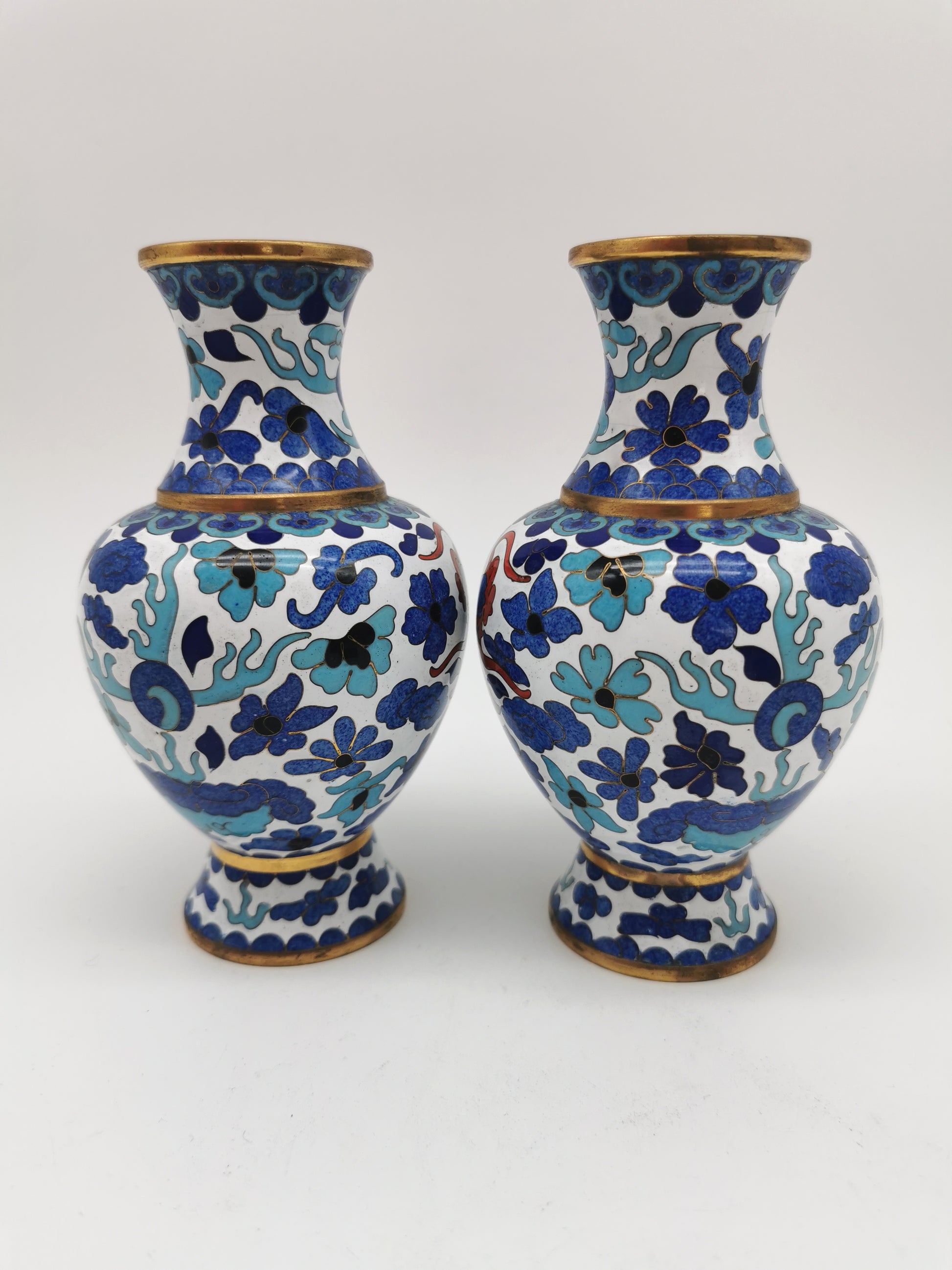 Pair of Vintage Chinese Cloisonné Imperial 5-Clawed Dragon Vases / 6.1" White Ground Cabinet Baluster Vases with Wooden Stands