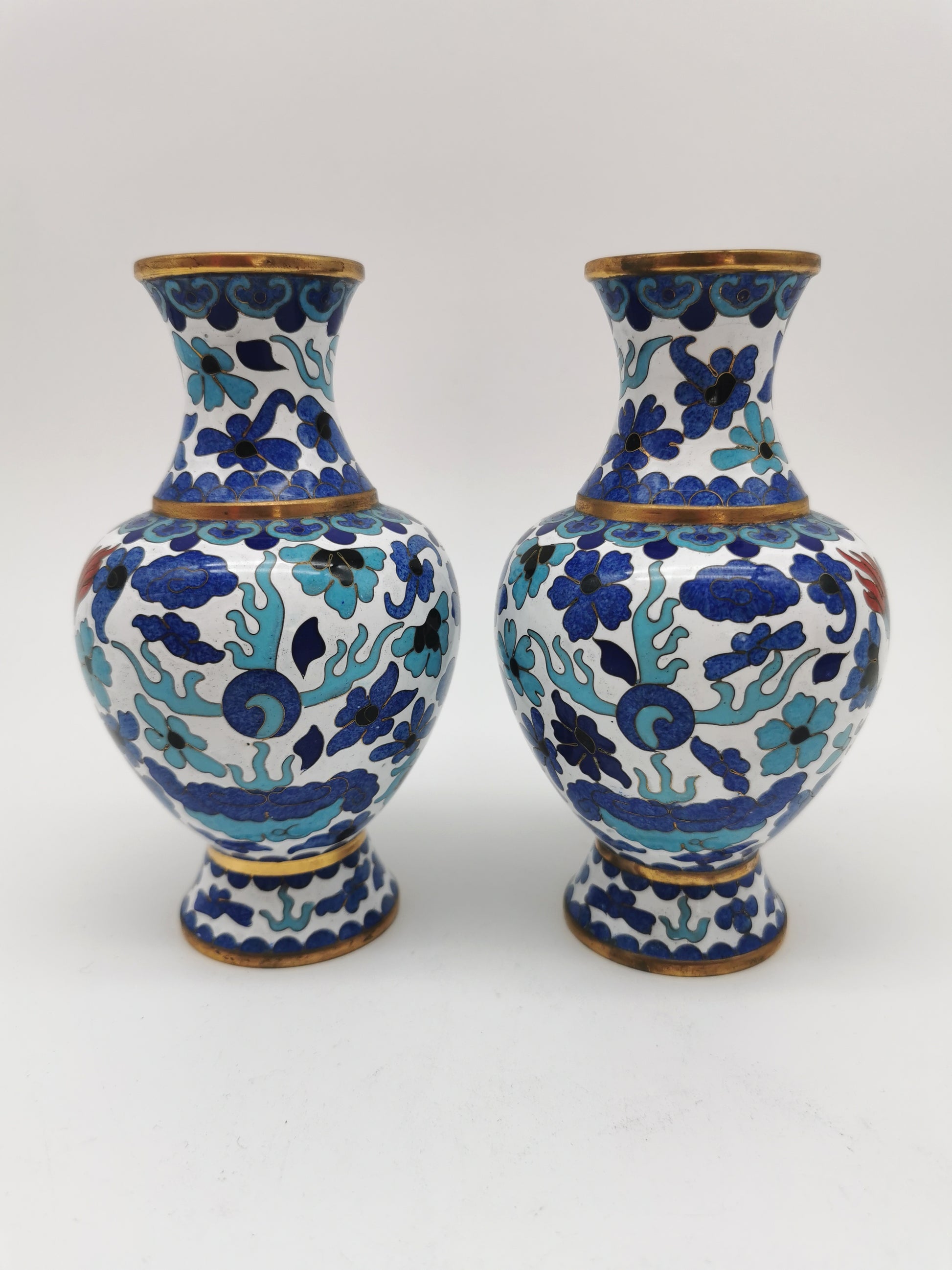 Pair of Vintage Chinese Cloisonné Imperial 5-Clawed Dragon Vases / 6.1" White Ground Cabinet Baluster Vases with Wooden Stands