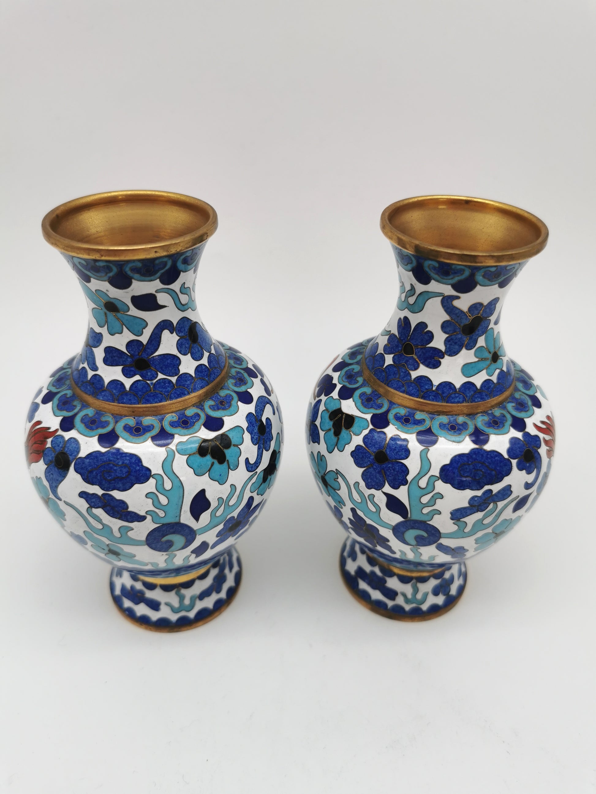 Pair of Vintage Chinese Cloisonné Imperial 5-Clawed Dragon Vases / 6.1" White Ground Cabinet Baluster Vases with Wooden Stands