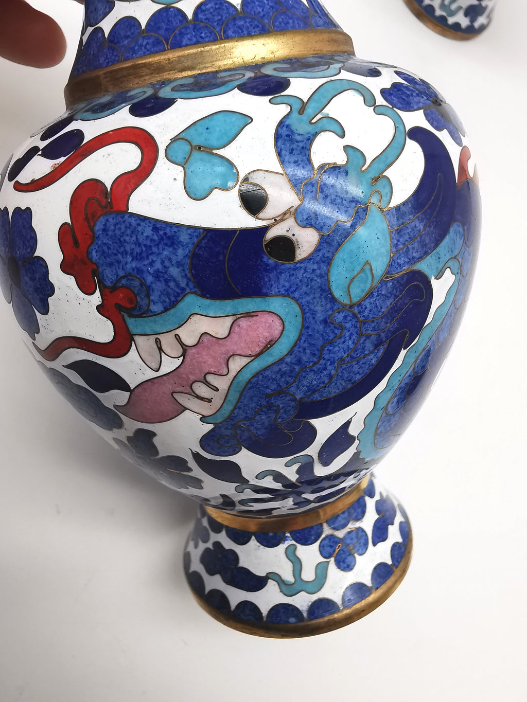 Pair of Vintage Chinese Cloisonné Imperial 5-Clawed Dragon Vases / 6.1" White Ground Cabinet Baluster Vases with Wooden Stands