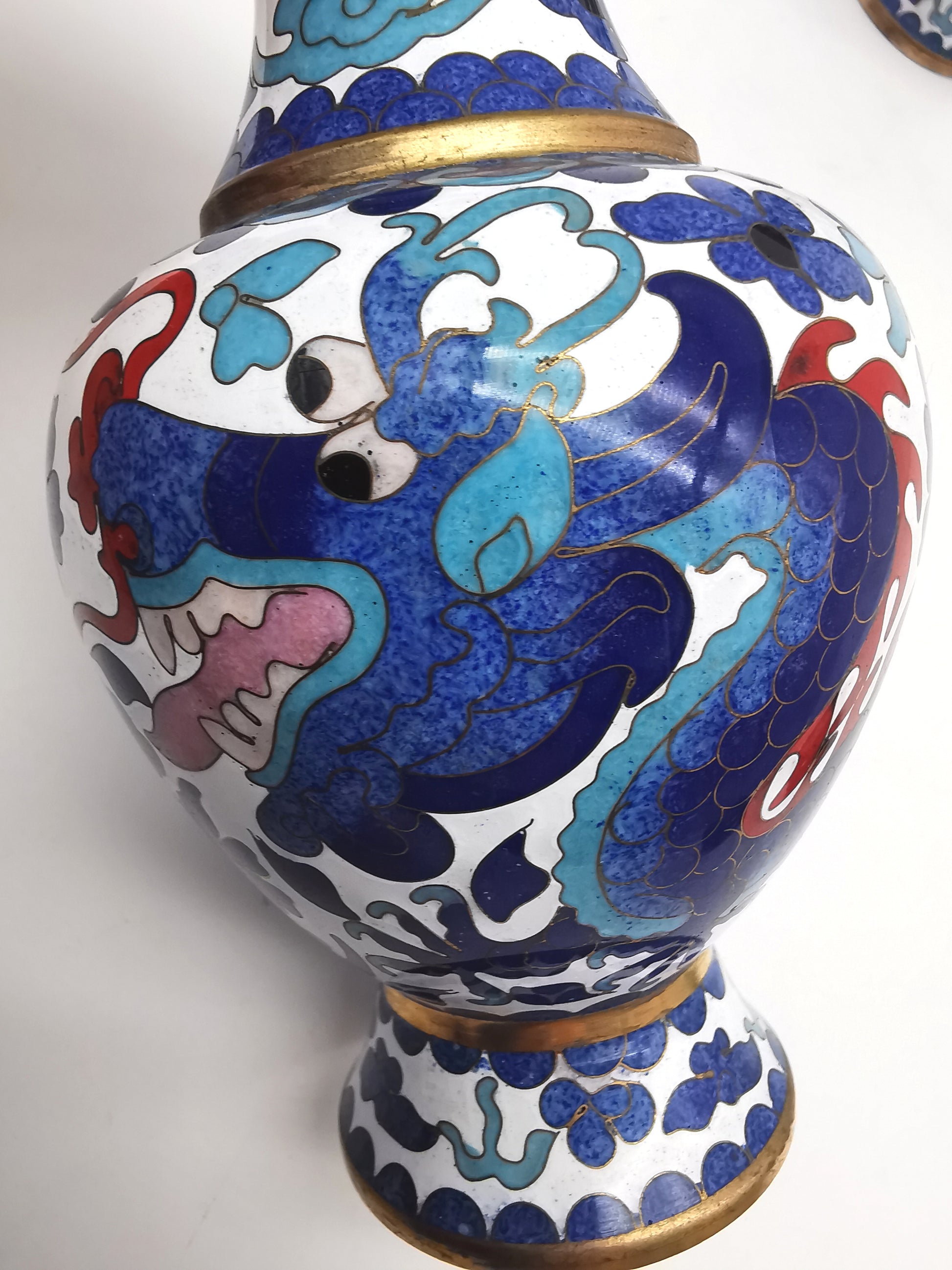Pair of Vintage Chinese Cloisonné Imperial 5-Clawed Dragon Vases / 6.1" White Ground Cabinet Baluster Vases with Wooden Stands