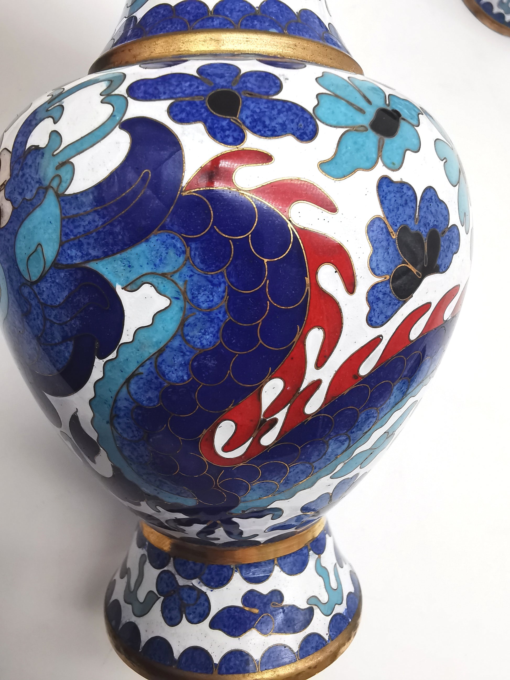 Pair of Vintage Chinese Cloisonné Imperial 5-Clawed Dragon Vases / 6.1" White Ground Cabinet Baluster Vases with Wooden Stands