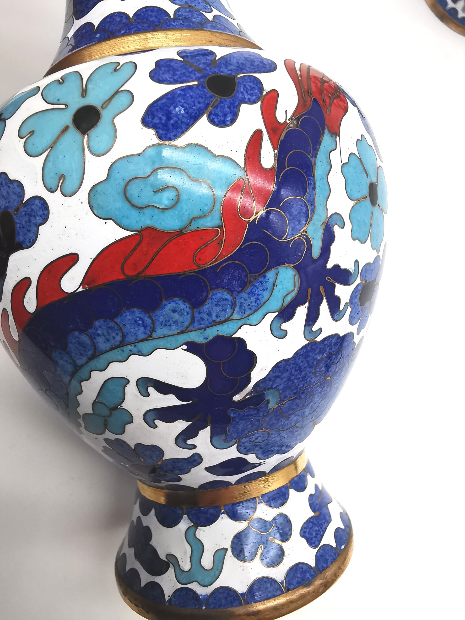 Pair of Vintage Chinese Cloisonné Imperial 5-Clawed Dragon Vases / 6.1" White Ground Cabinet Baluster Vases with Wooden Stands