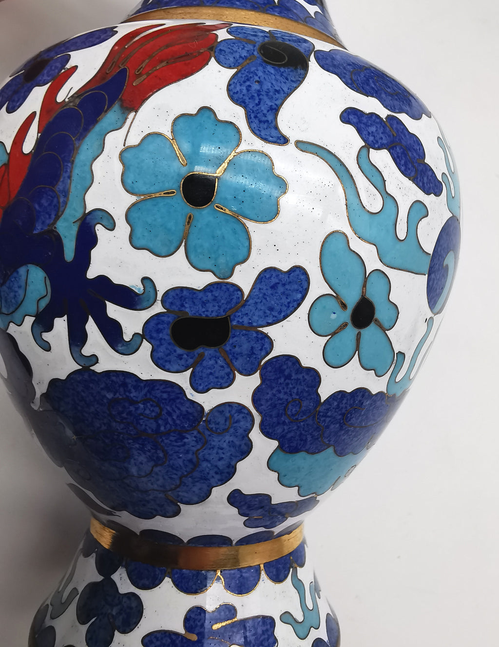 Pair of Vintage Chinese Cloisonné Imperial 5-Clawed Dragon Vases / 6.1" White Ground Cabinet Baluster Vases with Wooden Stands