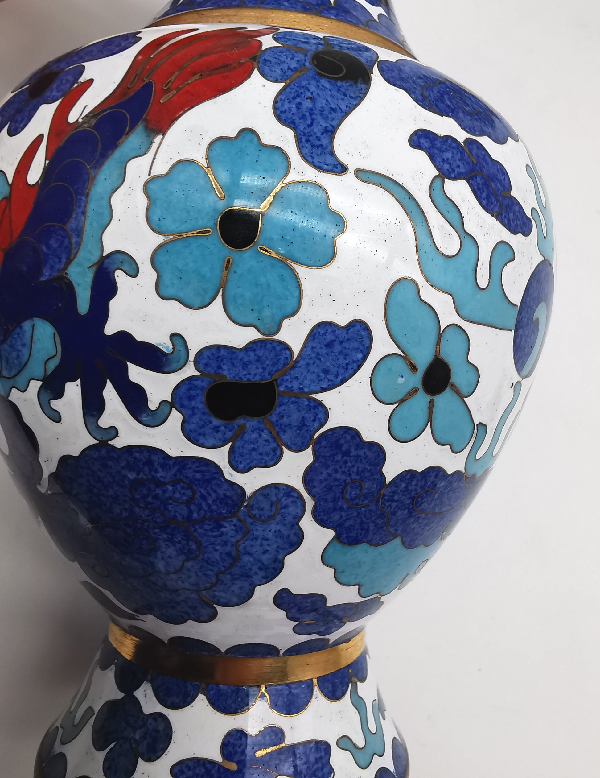 Pair of Vintage Chinese Cloisonné Imperial 5-Clawed Dragon Vases / 6.1" White Ground Cabinet Baluster Vases with Wooden Stands