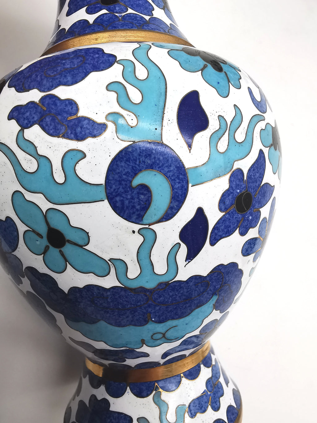 Pair of Vintage Chinese Cloisonné Imperial 5-Clawed Dragon Vases / 6.1" White Ground Cabinet Baluster Vases with Wooden Stands