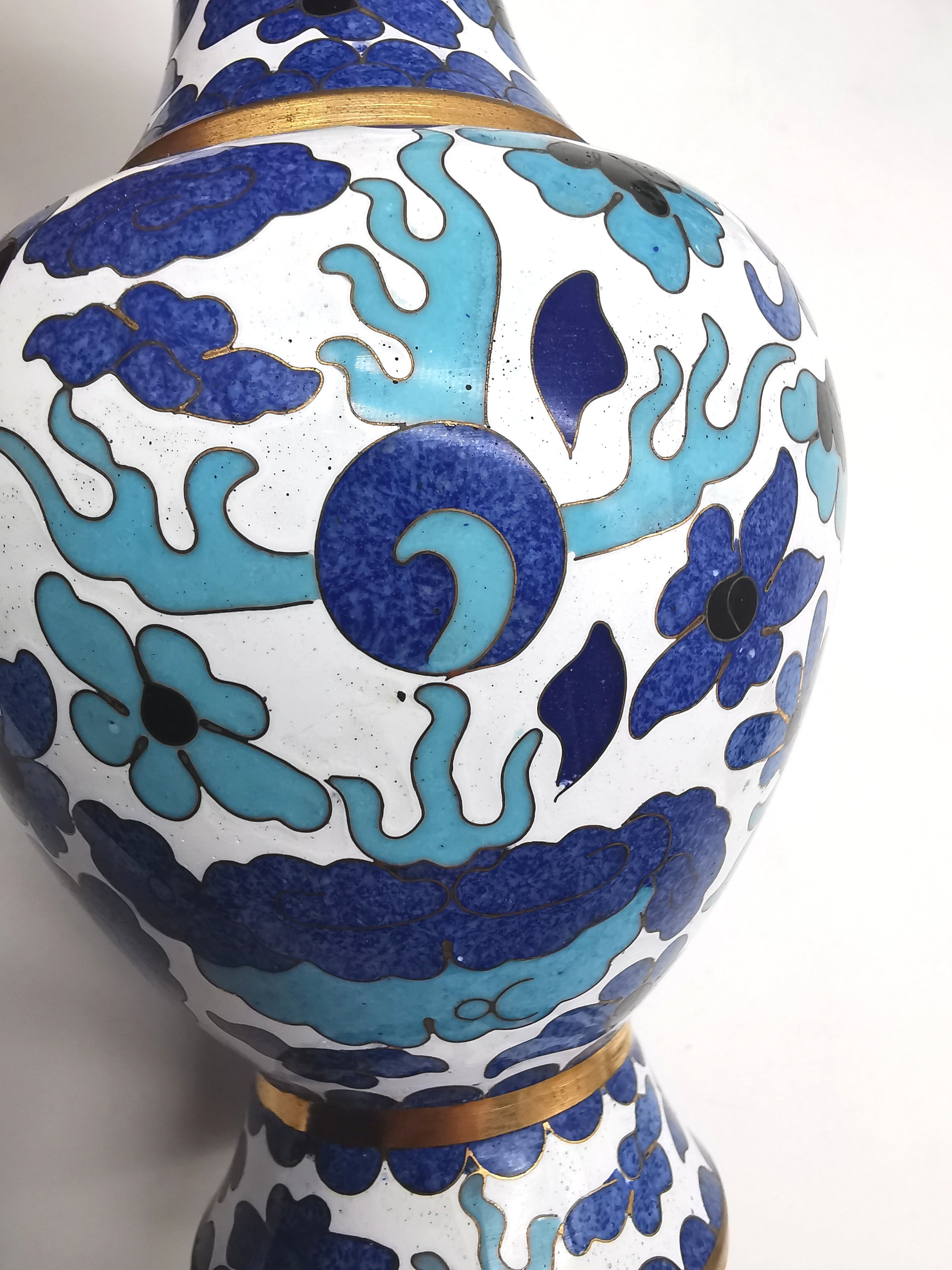 Pair of Vintage Chinese Cloisonné Imperial 5-Clawed Dragon Vases / 6.1" White Ground Cabinet Baluster Vases with Wooden Stands