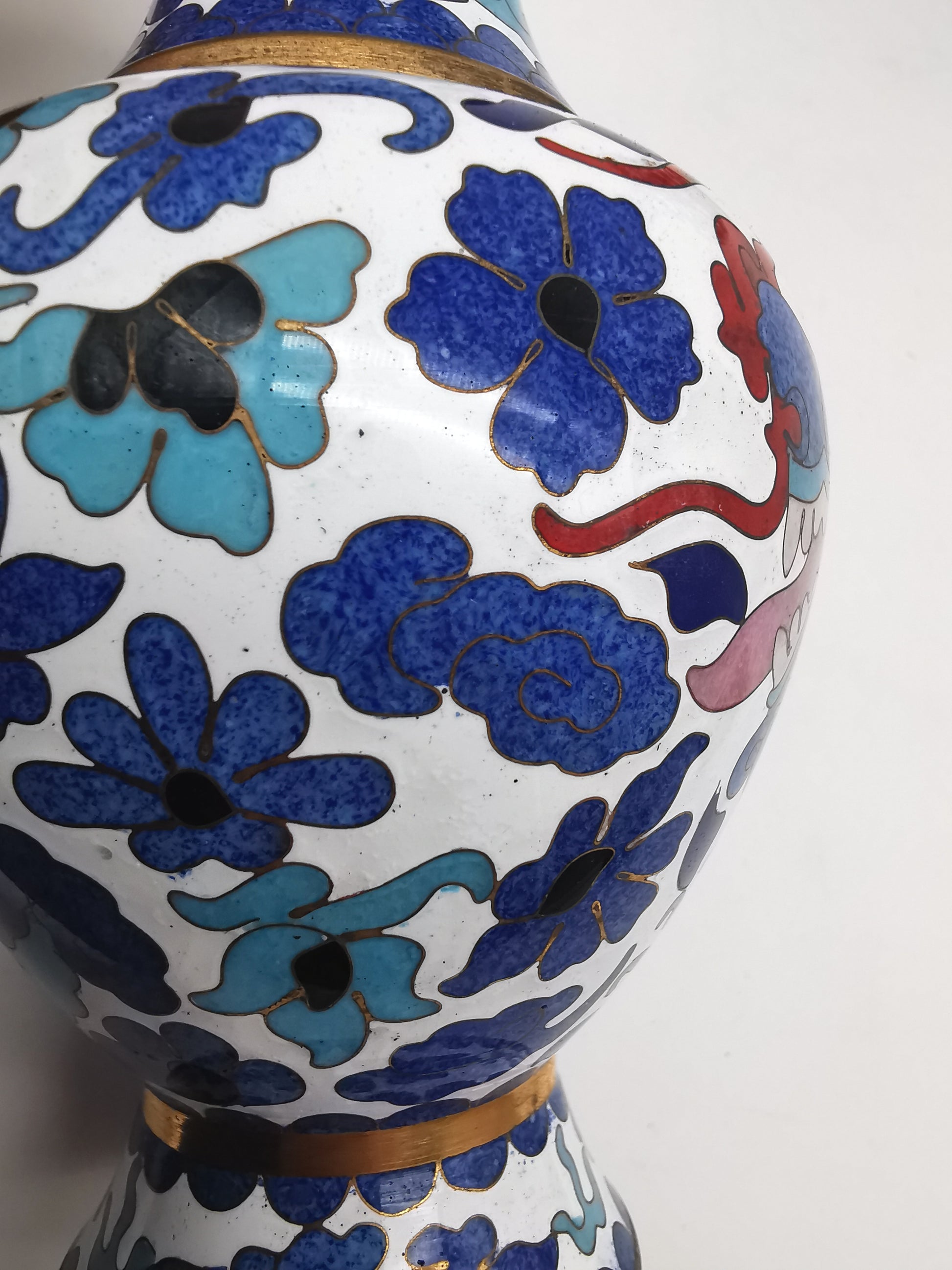 Pair of Vintage Chinese Cloisonné Imperial 5-Clawed Dragon Vases / 6.1" White Ground Cabinet Baluster Vases with Wooden Stands