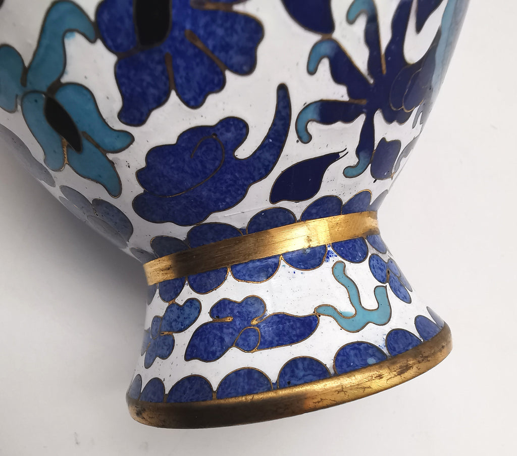 Pair of Vintage Chinese Cloisonné Imperial 5-Clawed Dragon Vases / 6.1" White Ground Cabinet Baluster Vases with Wooden Stands