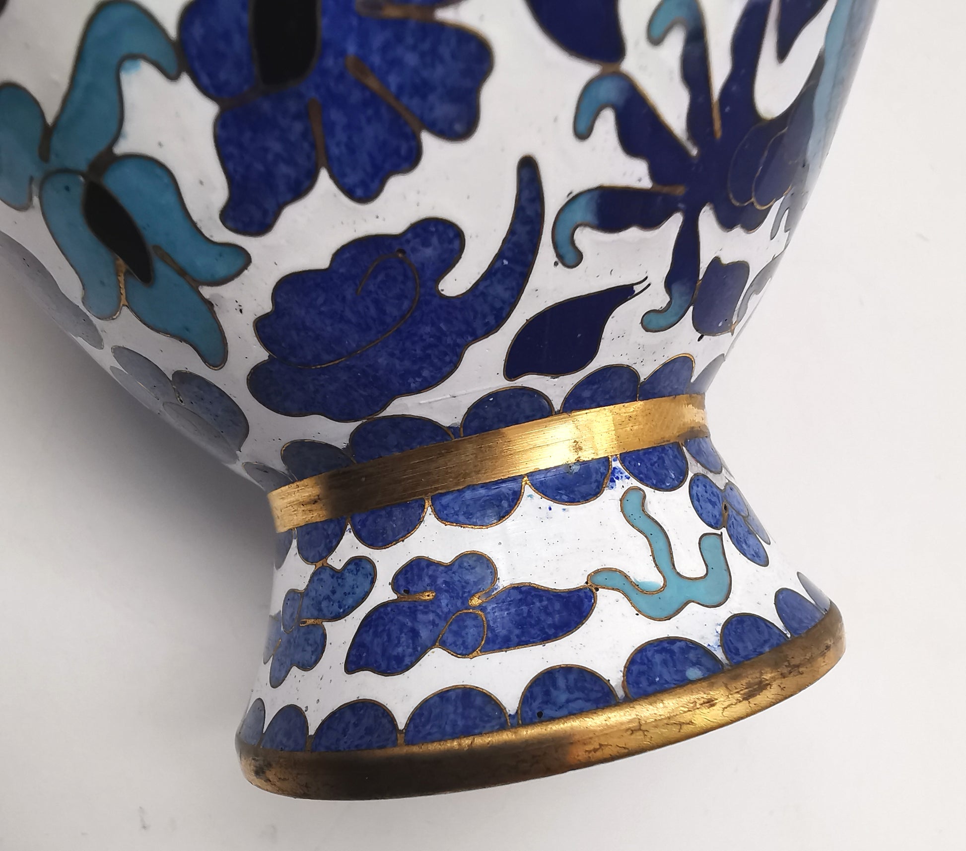 Pair of Vintage Chinese Cloisonné Imperial 5-Clawed Dragon Vases / 6.1" White Ground Cabinet Baluster Vases with Wooden Stands