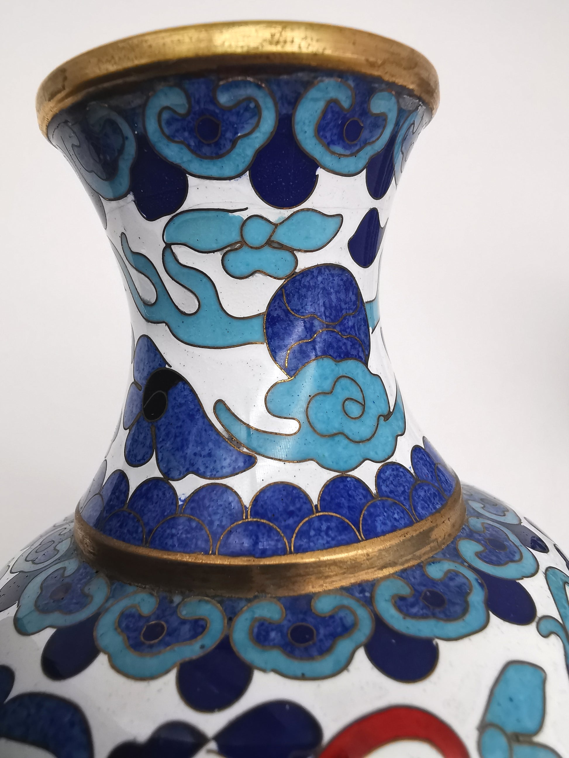 Pair of Vintage Chinese Cloisonné Imperial 5-Clawed Dragon Vases / 6.1" White Ground Cabinet Baluster Vases with Wooden Stands