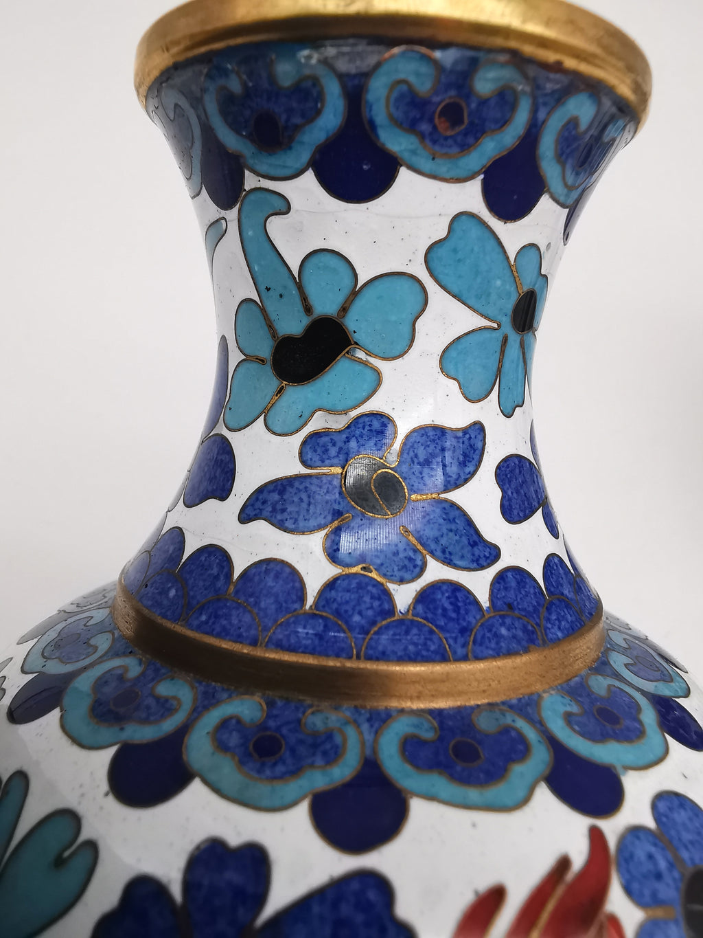Pair of Vintage Chinese Cloisonné Imperial 5-Clawed Dragon Vases / 6.1" White Ground Cabinet Baluster Vases with Wooden Stands