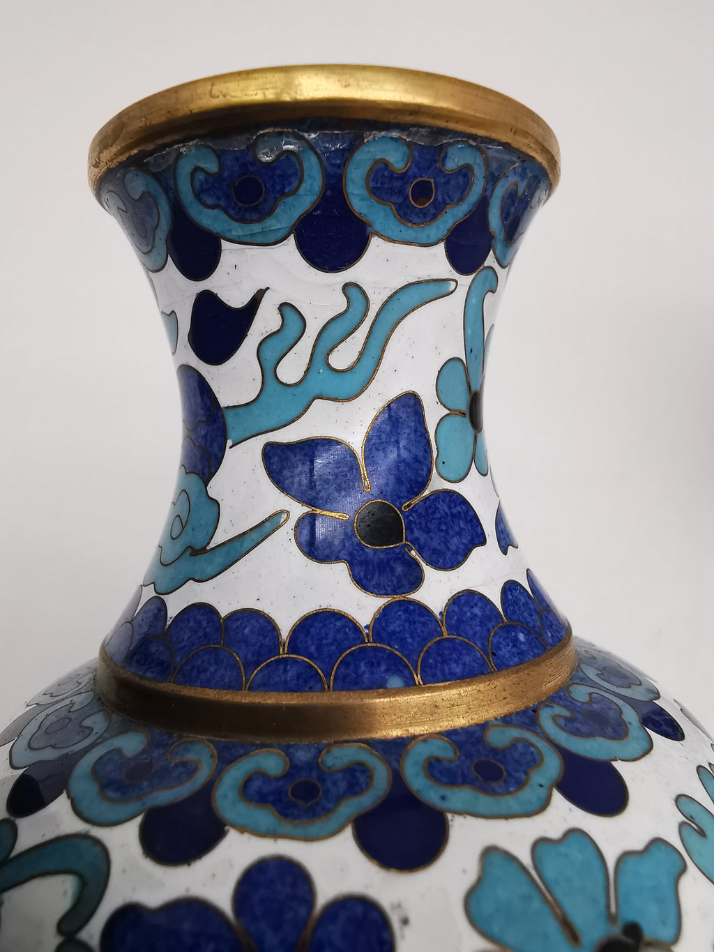 Pair of Vintage Chinese Cloisonné Imperial 5-Clawed Dragon Vases / 6.1" White Ground Cabinet Baluster Vases with Wooden Stands