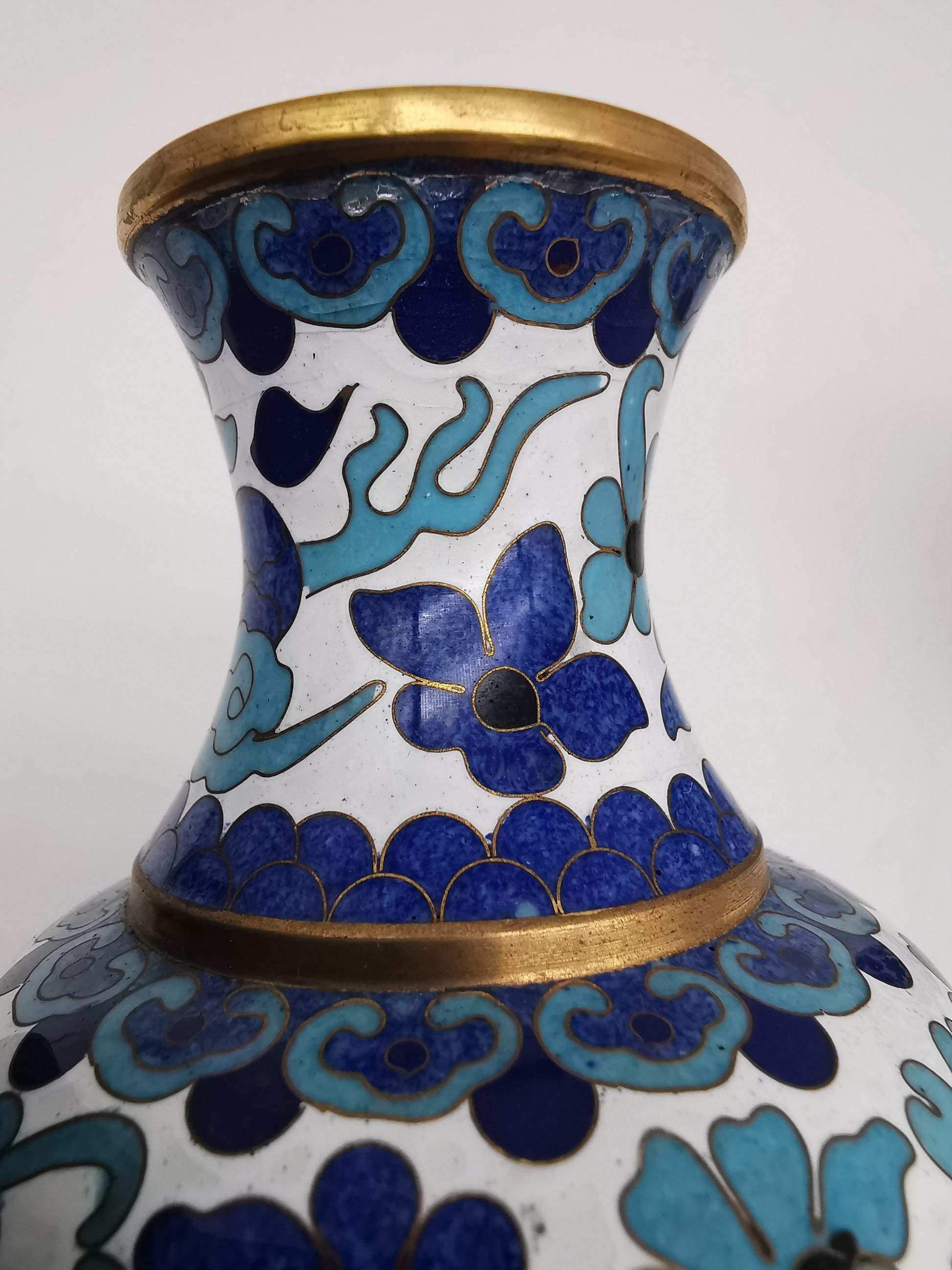 Pair of Vintage Chinese Cloisonné Imperial 5-Clawed Dragon Vases / 6.1" White Ground Cabinet Baluster Vases with Wooden Stands