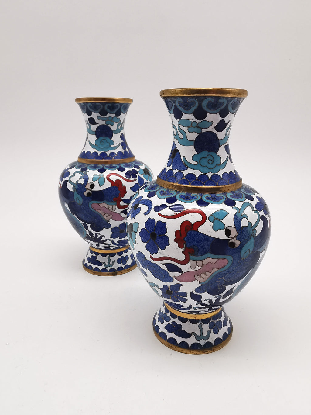 Pair of Vintage Chinese Cloisonné Imperial 5-Clawed Dragon Vases / 6.1" White Ground Cabinet Baluster Vases with Wooden Stands