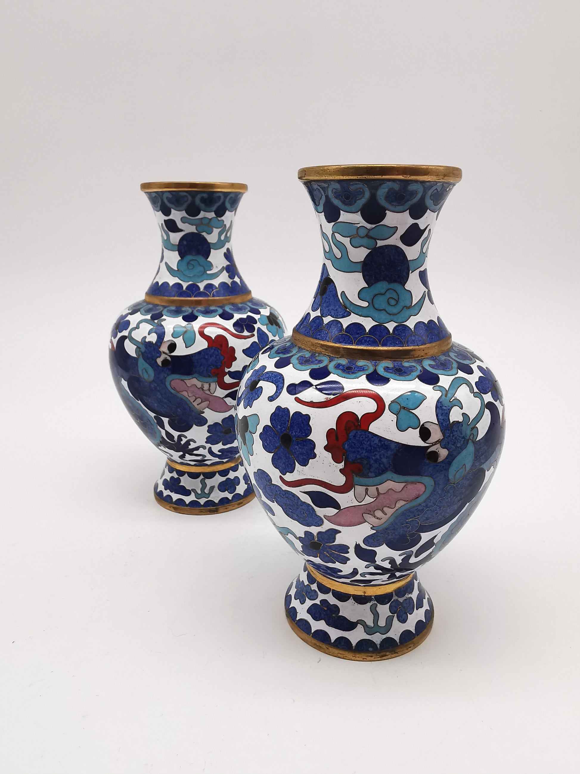 Pair of Vintage Chinese Cloisonné Imperial 5-Clawed Dragon Vases / 6.1" White Ground Cabinet Baluster Vases with Wooden Stands
