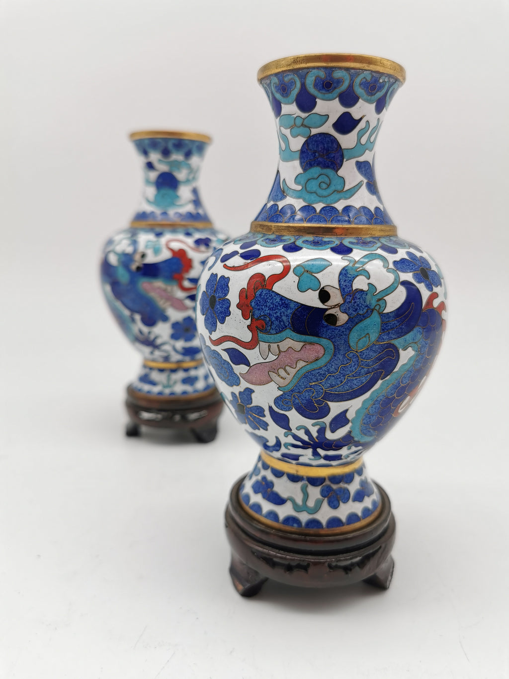 Pair of Vintage Chinese Cloisonné Imperial 5-Clawed Dragon Vases / 6.1" White Ground Cabinet Baluster Vases with Wooden Stands