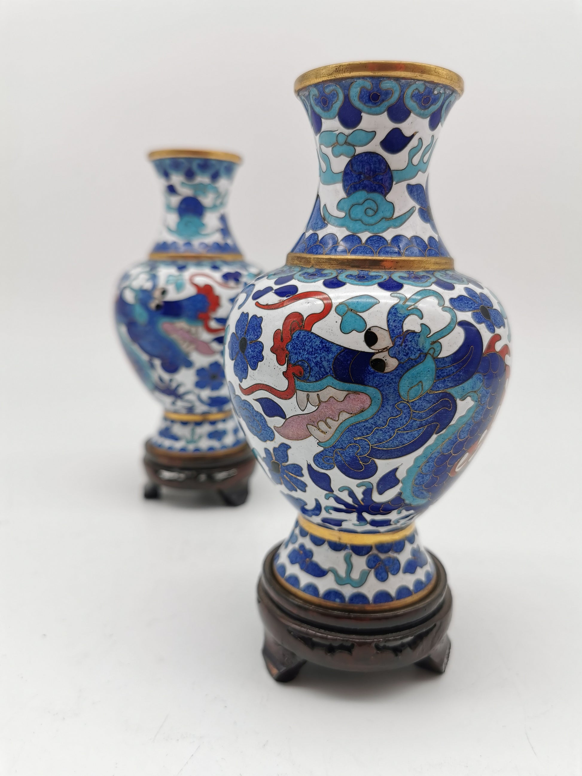 Pair of Vintage Chinese Cloisonné Imperial 5-Clawed Dragon Vases / 6.1" White Ground Cabinet Baluster Vases with Wooden Stands