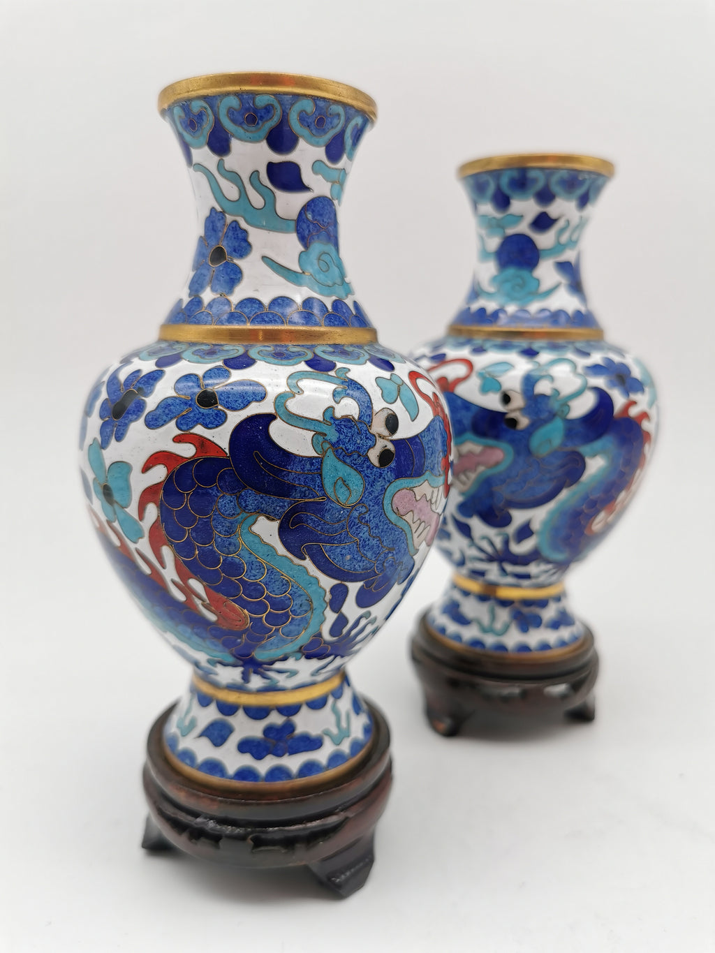 Pair of Vintage Chinese Cloisonné Imperial 5-Clawed Dragon Vases / 6.1" White Ground Cabinet Baluster Vases with Wooden Stands