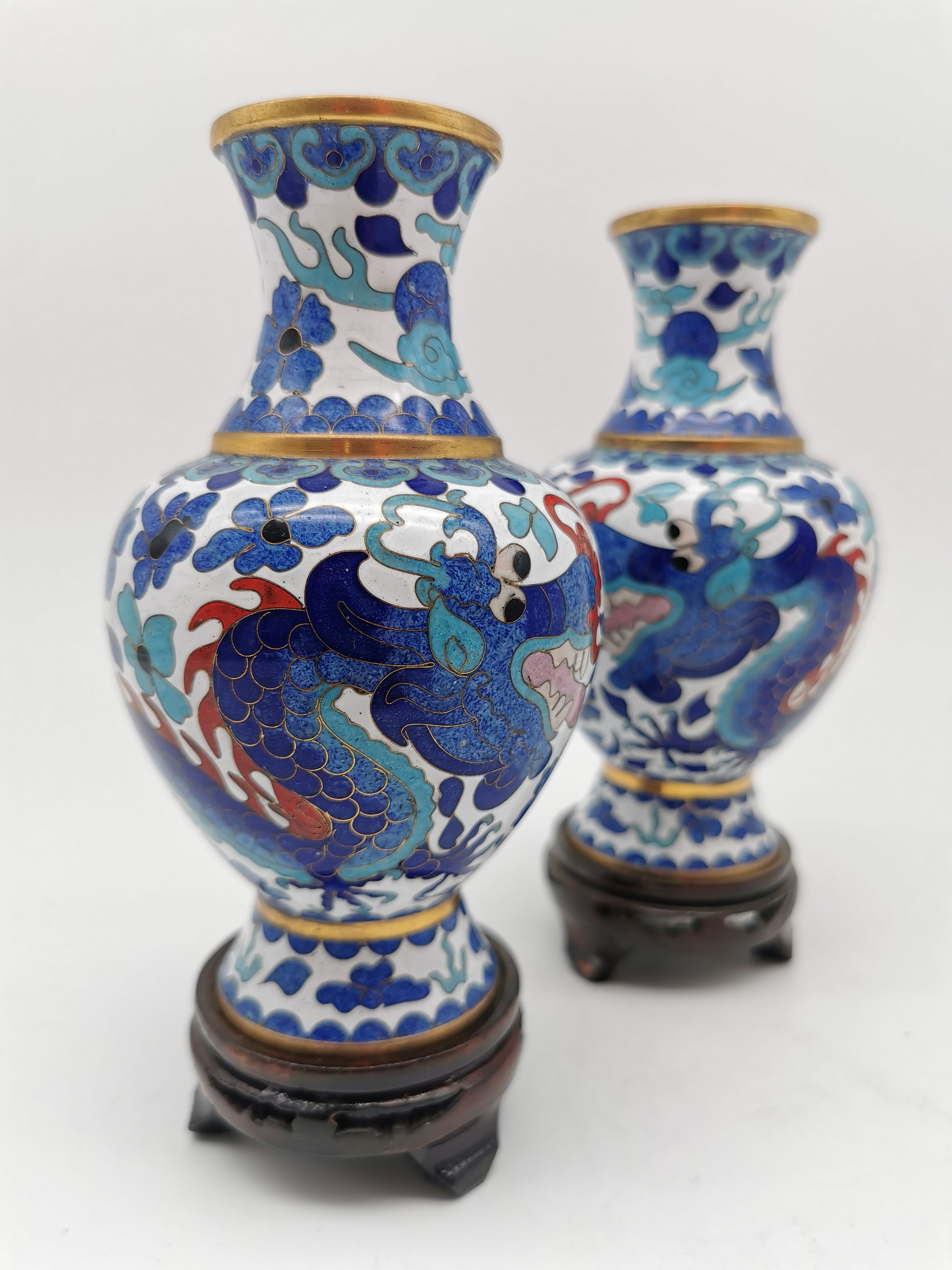 Pair of Vintage Chinese Cloisonné Imperial 5-Clawed Dragon Vases / 6.1" White Ground Cabinet Baluster Vases with Wooden Stands