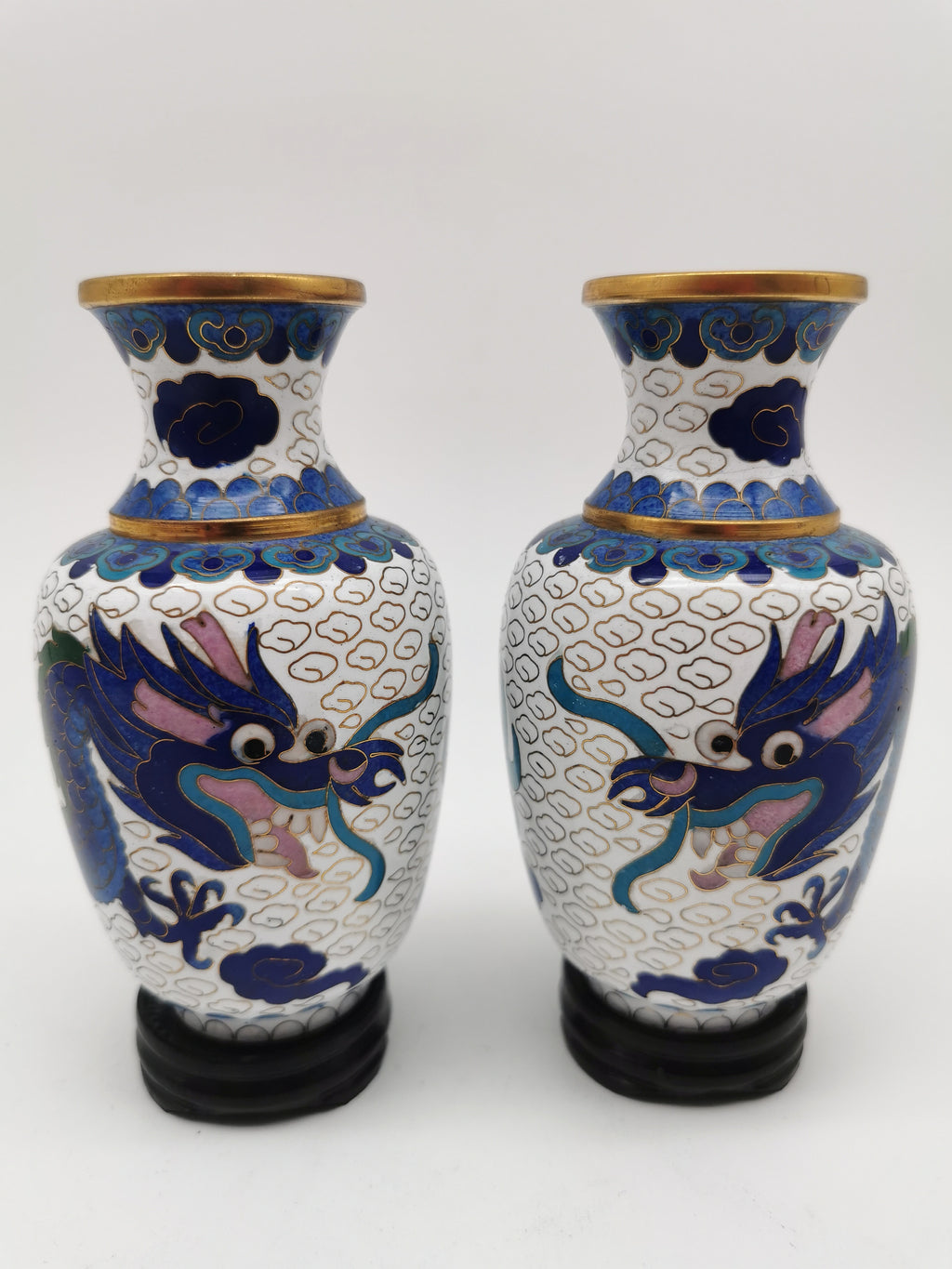 Vintage Pair of Chinese Cloisonné White Ground 5-Clawed Imperial Dragon/ Vases with Wooden Stands - 5.1"