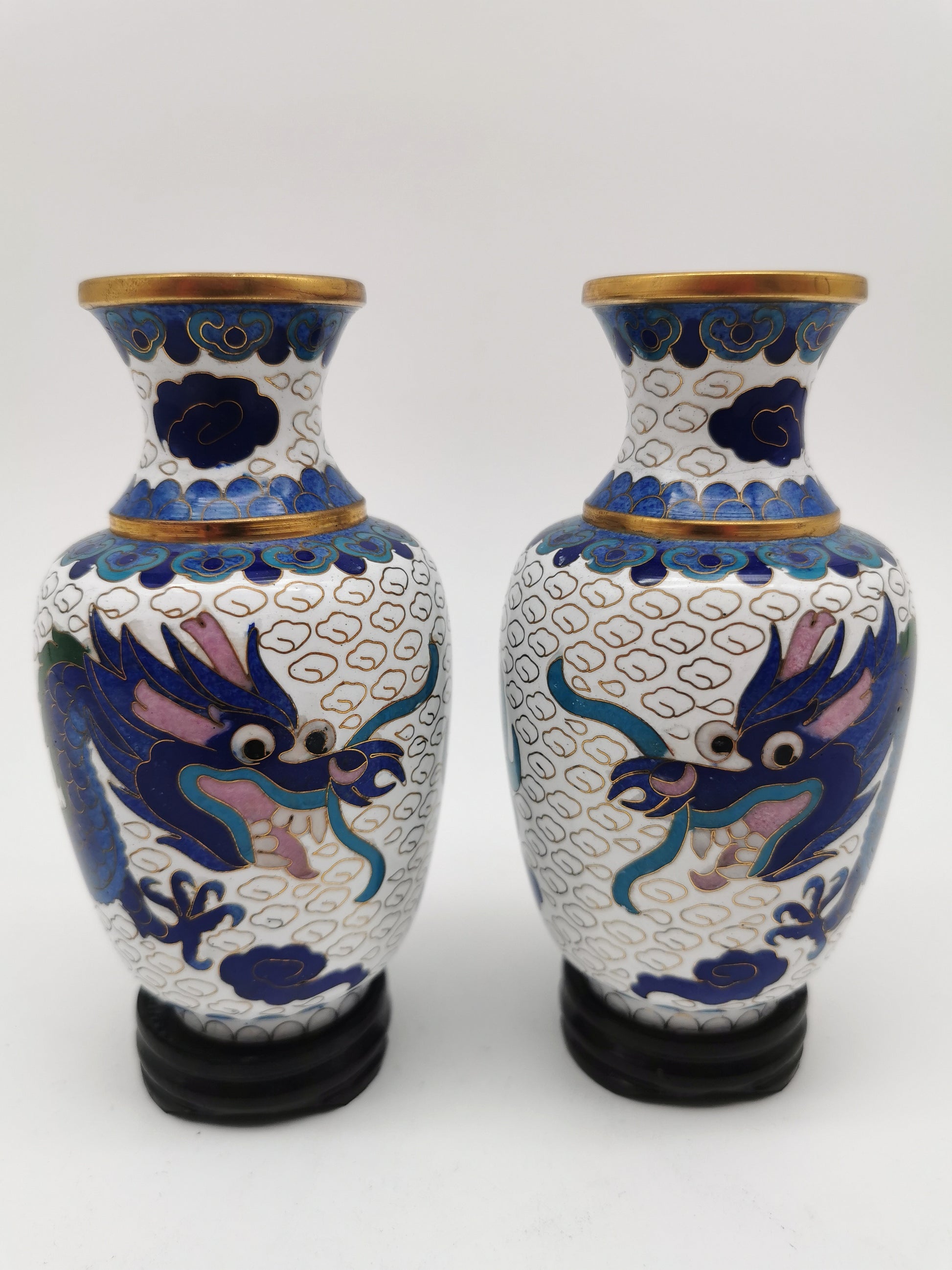 Vintage Pair of Chinese Cloisonné White Ground 5-Clawed Imperial Dragon/ Vases with Wooden Stands - 5.1"